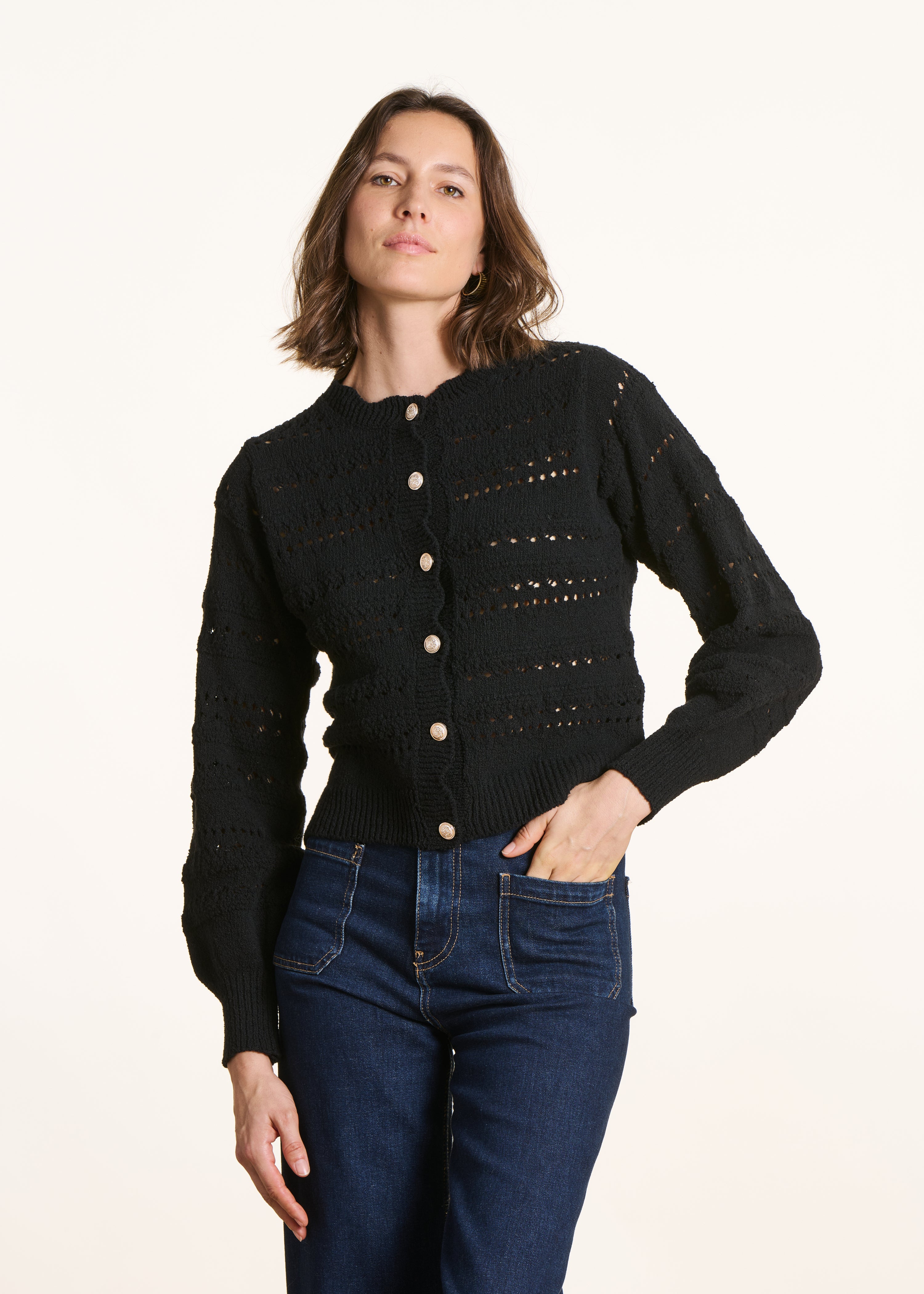 Black openwork knit cardigan with decorative buttons