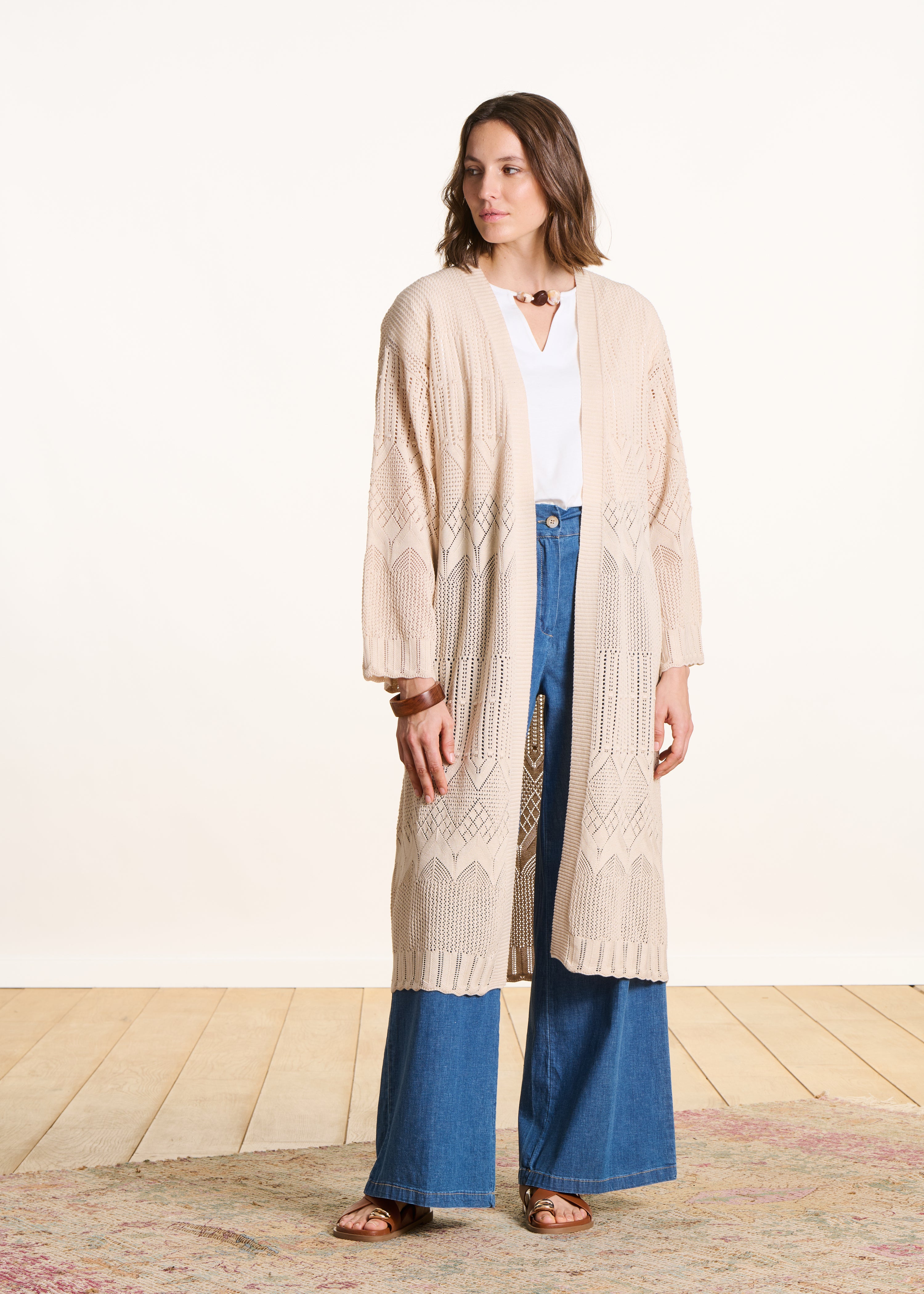 Long beige cardigan in pointelle knit