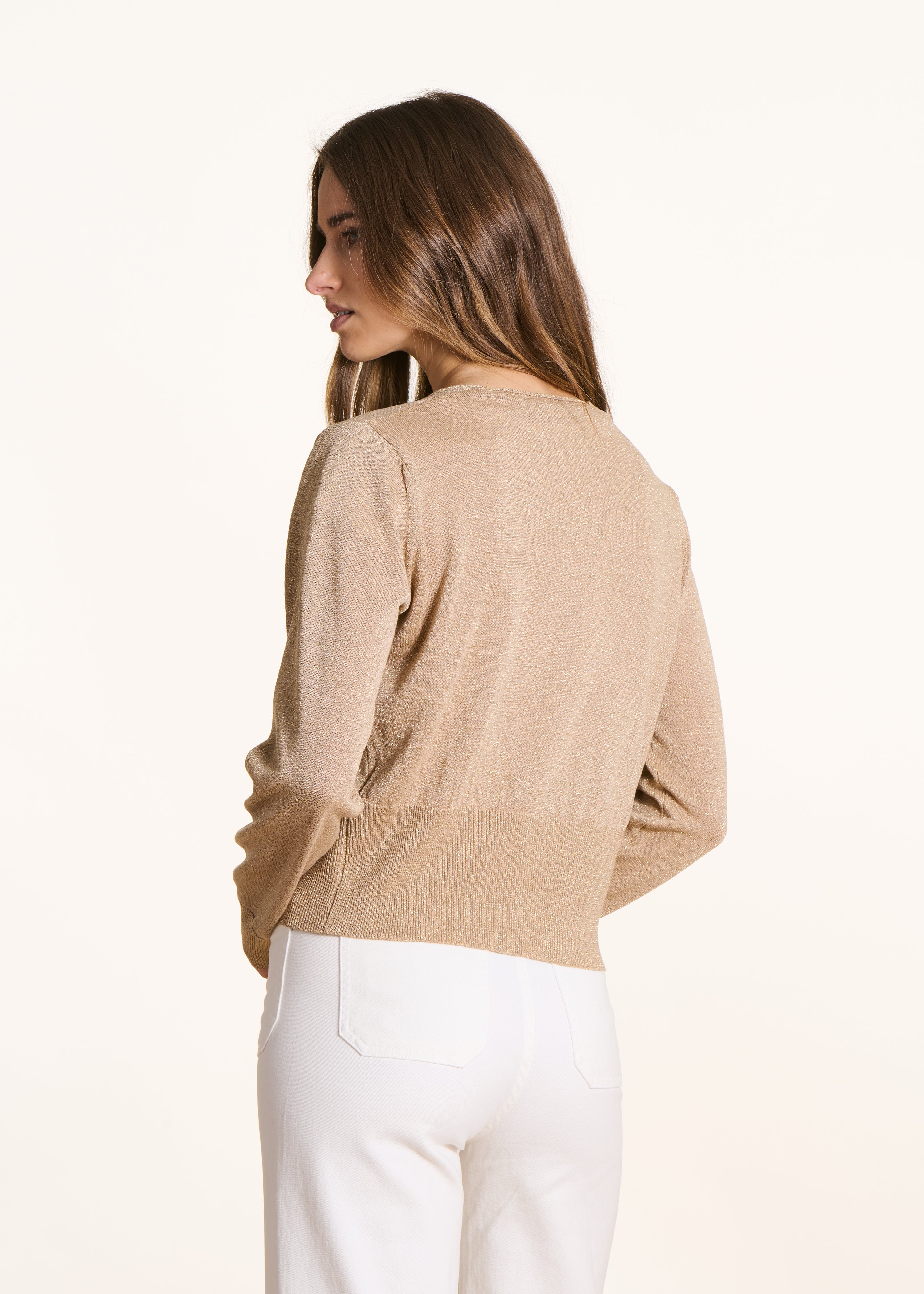 Gilet aderente in maglia fine iridescente beige