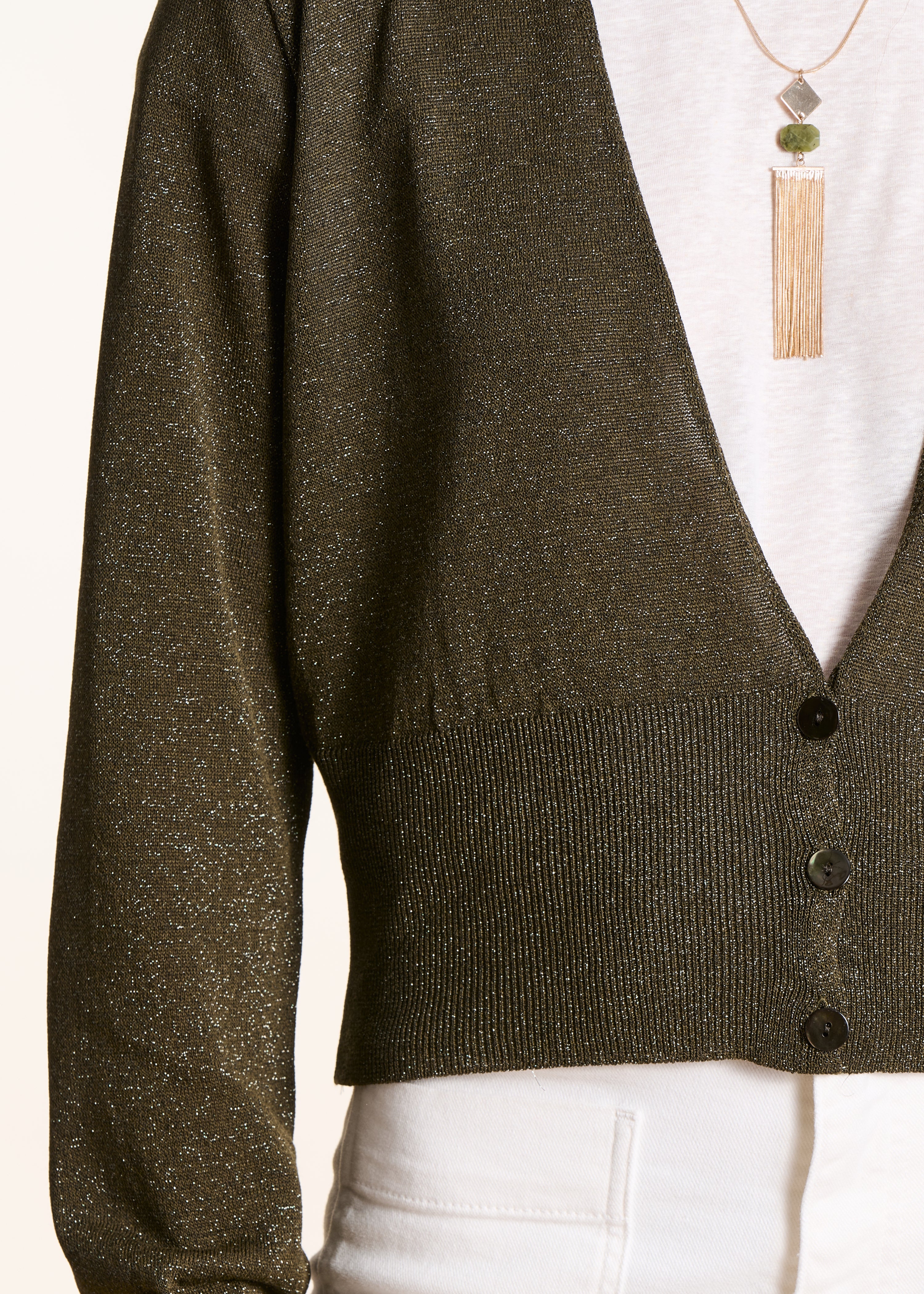 Fitted Cardigan in Fine Iridescent Khaki Knit