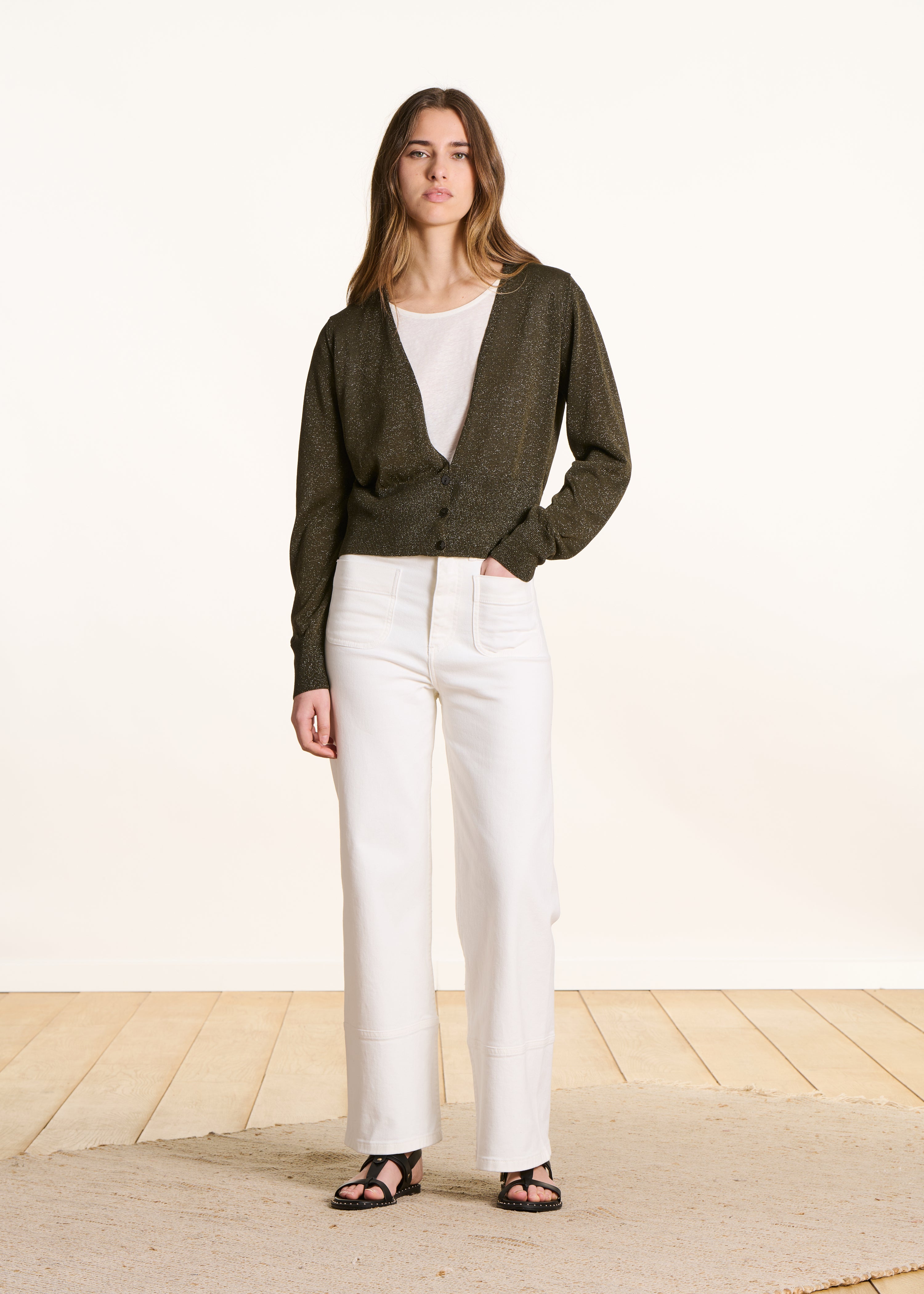Fitted Cardigan in Fine Iridescent Khaki Knit