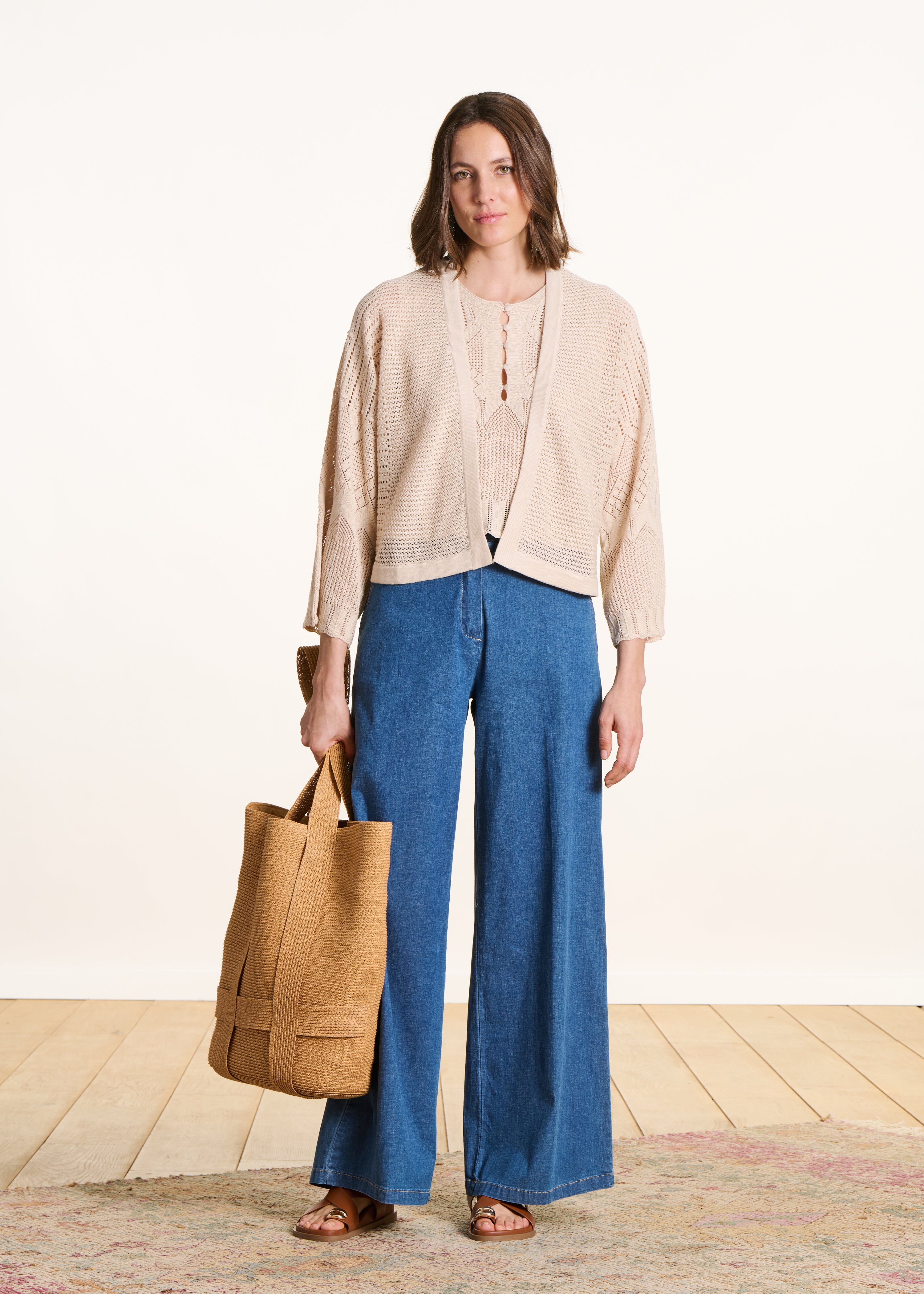 Beige cropped cardigan in pointelle knit