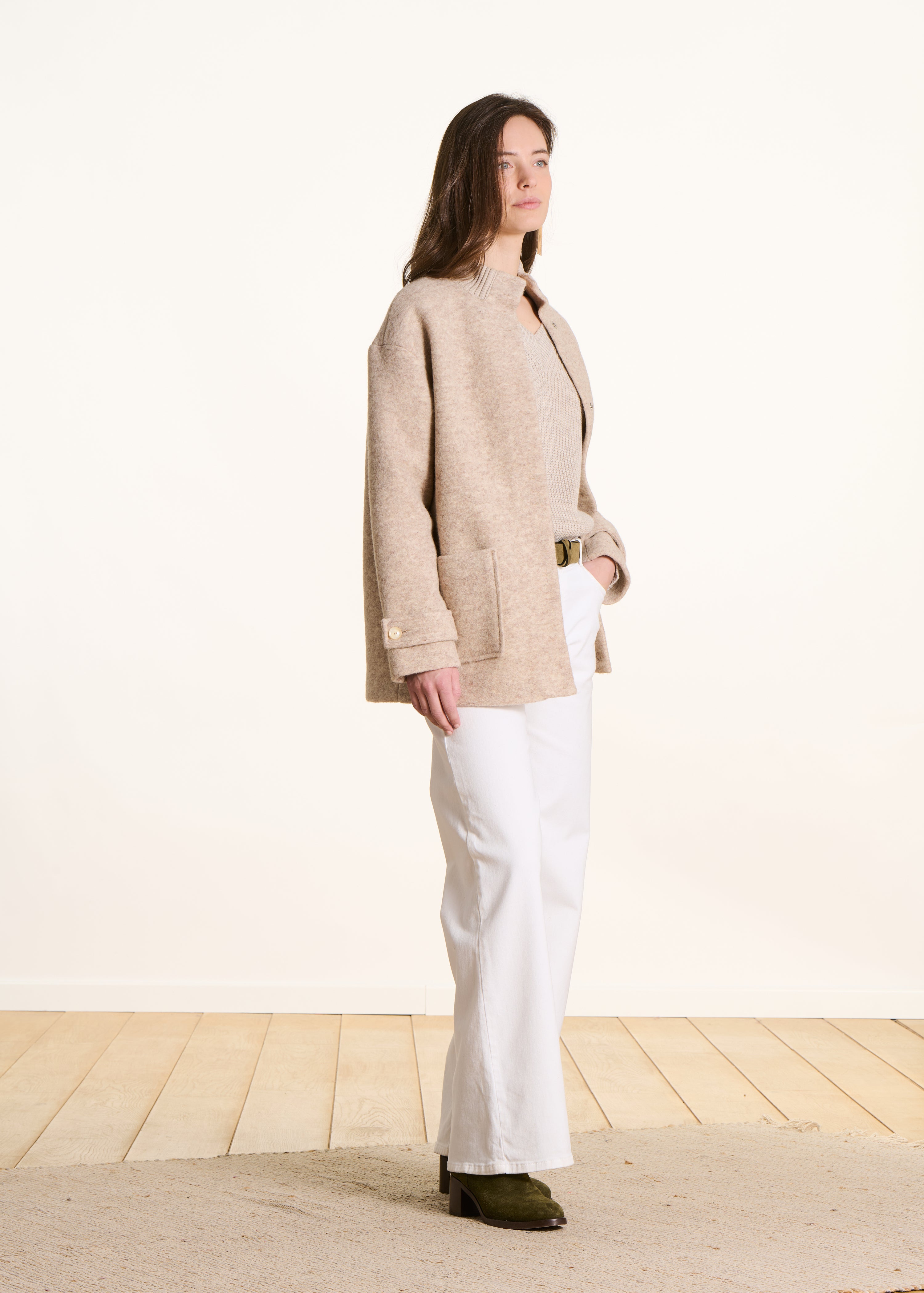 Beige 3/4 Coat Lined with Mixed Wool