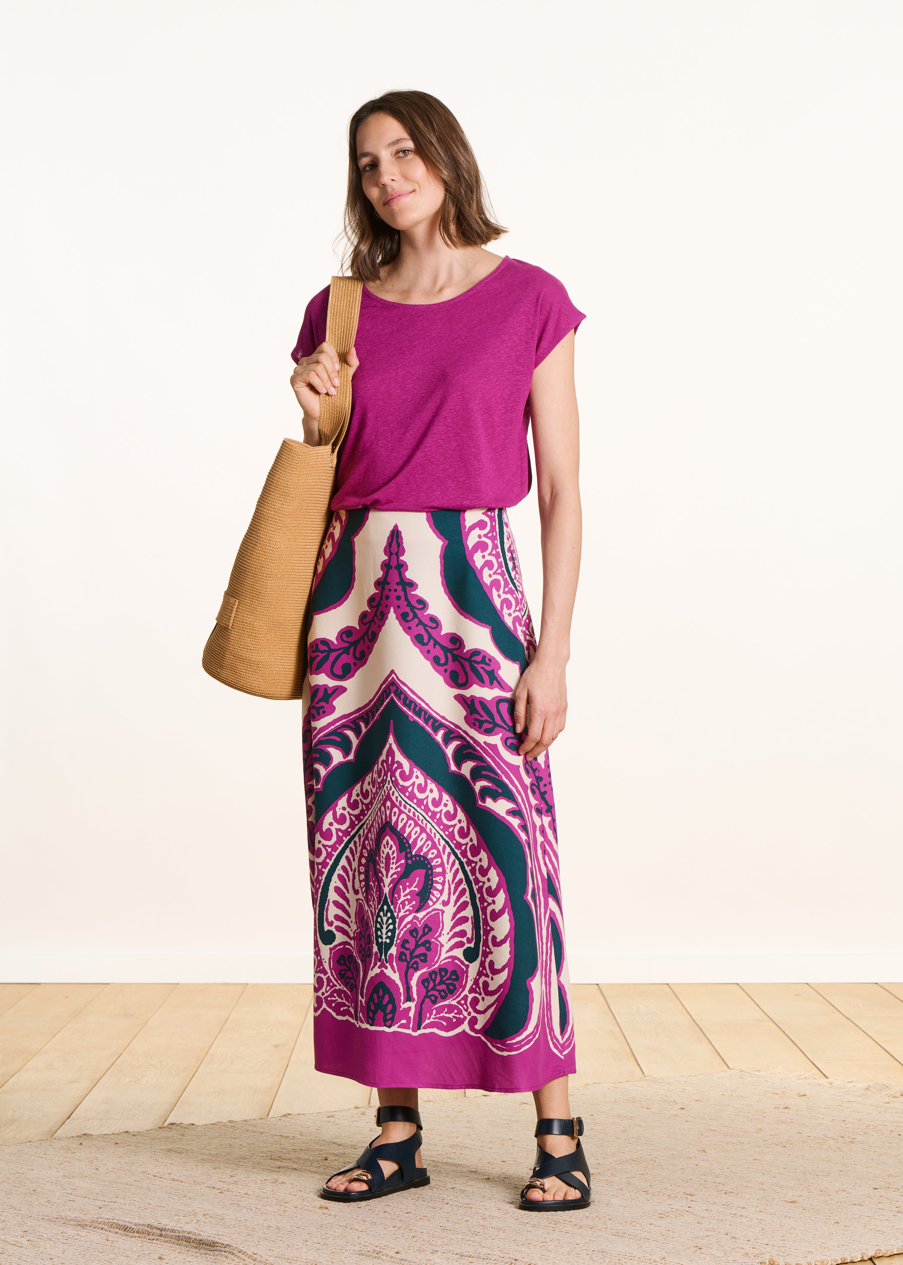 Flared midi skirt with purple print