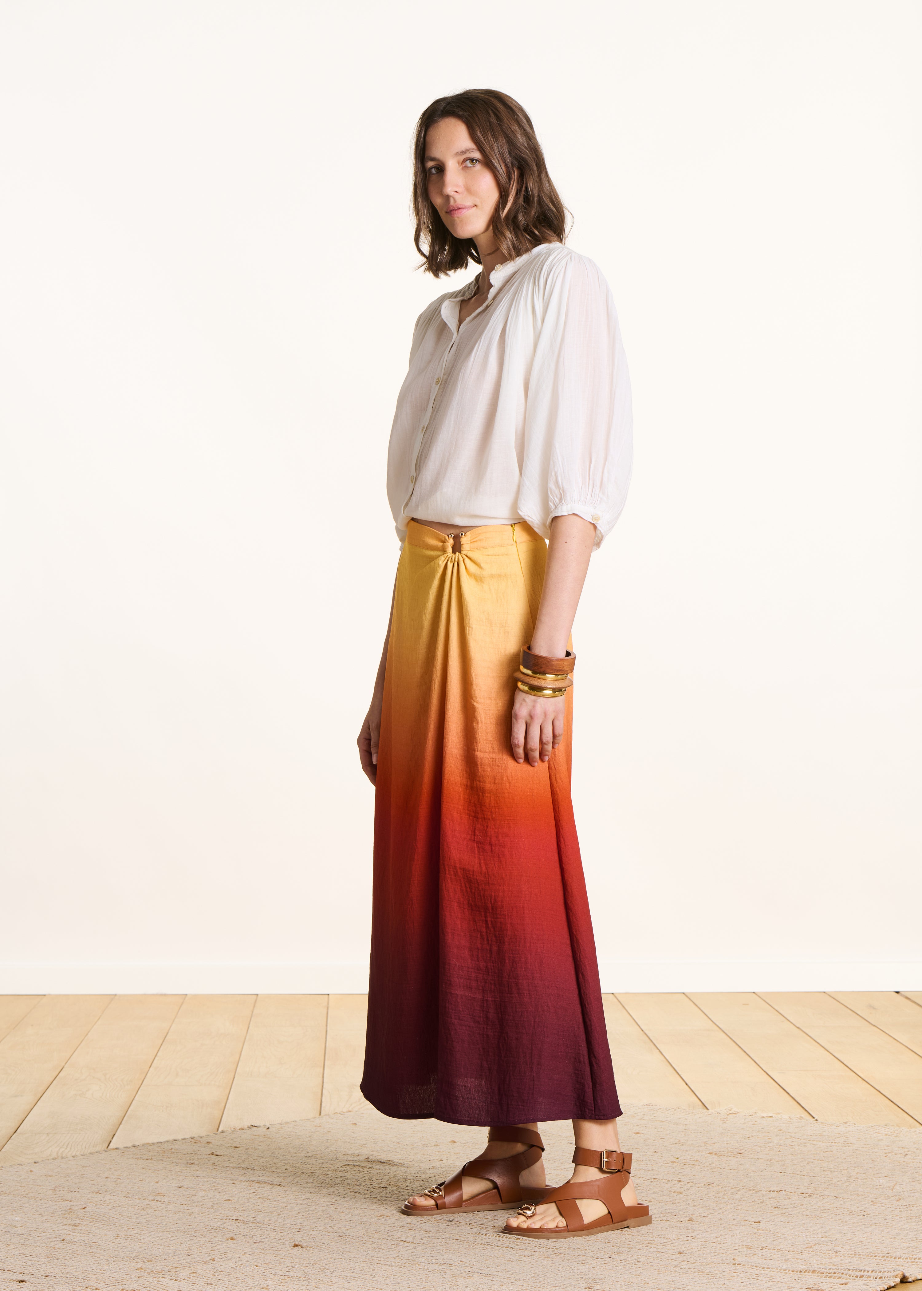 Yellow midi skirt with tie-dye print