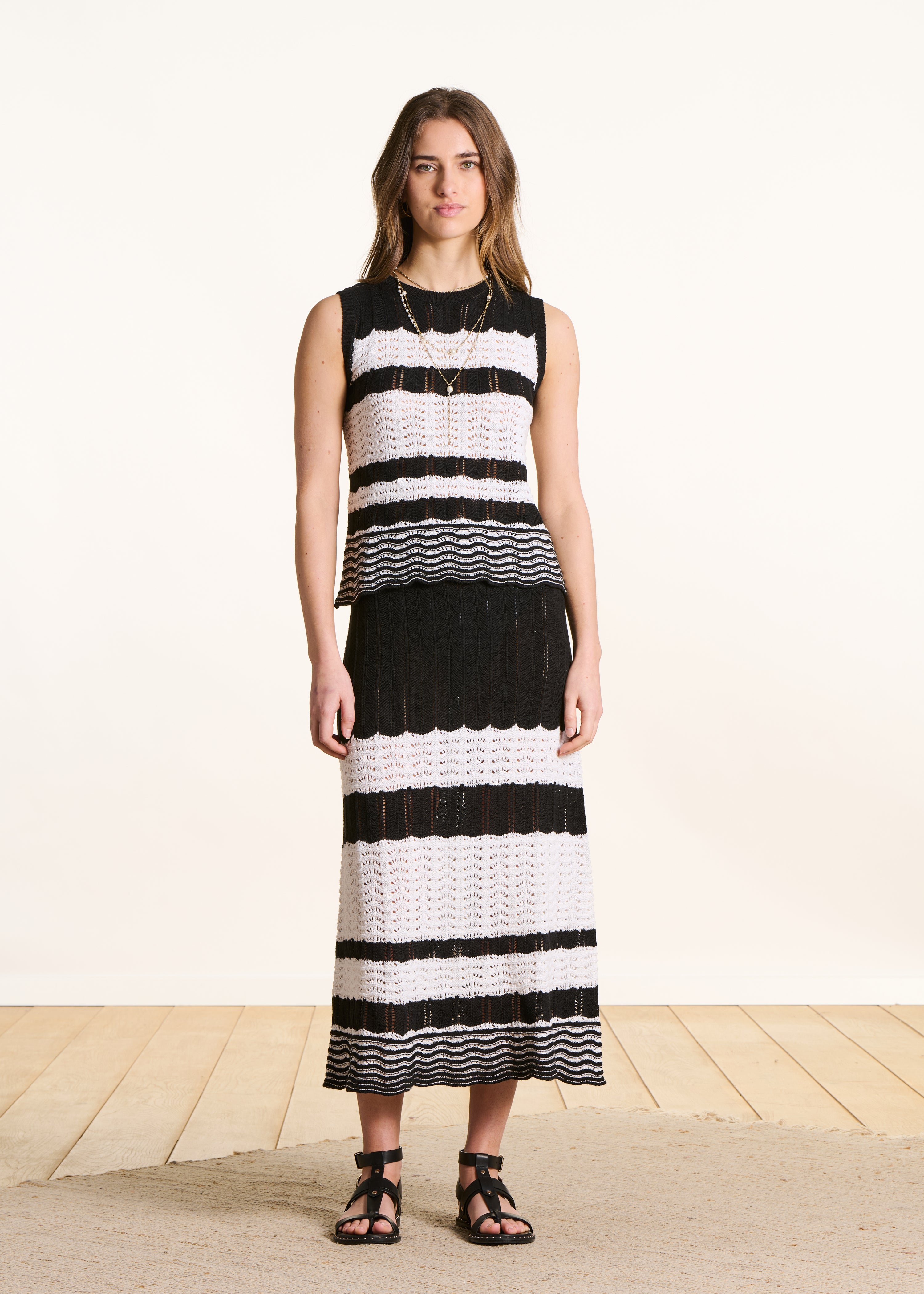 Midi skirt in openwork striped knit white and black
