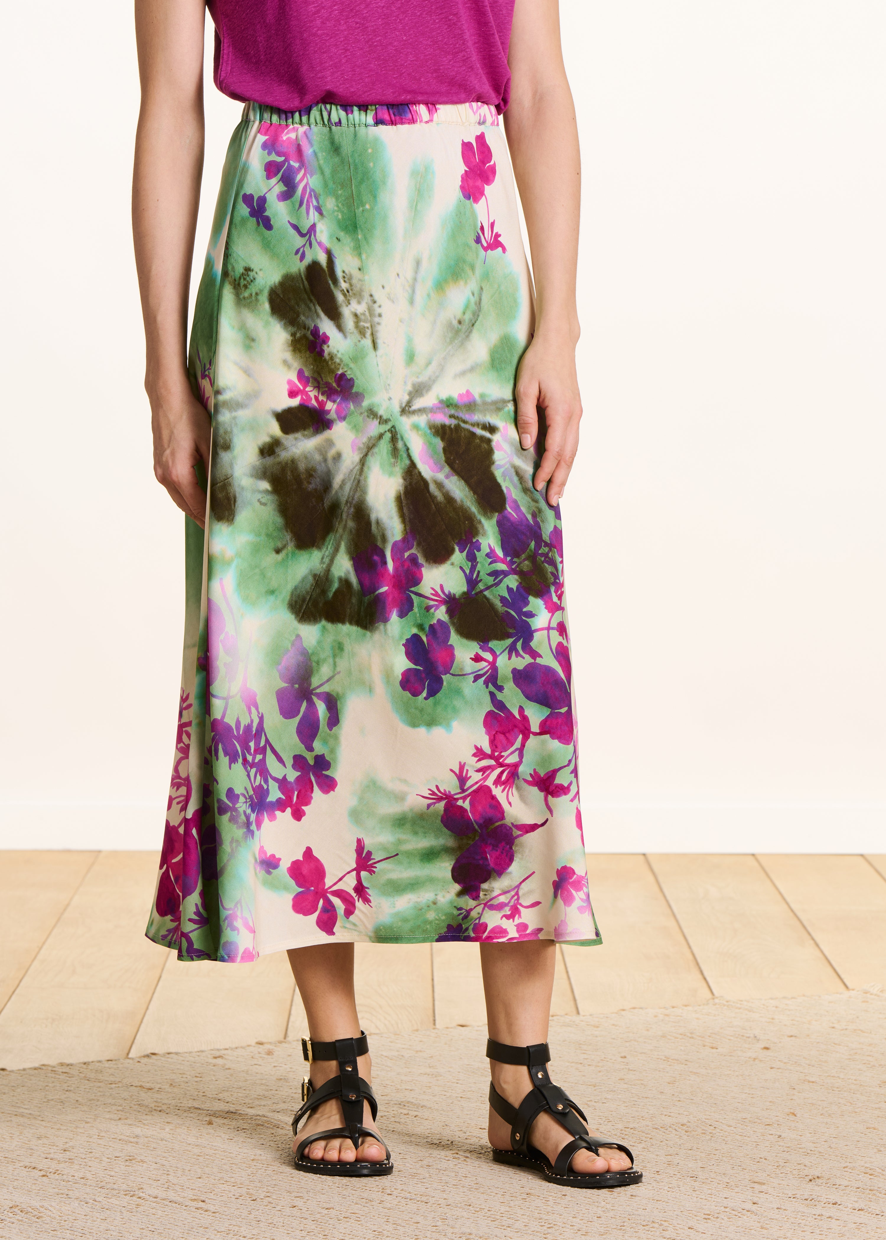Lange rok met groen-roze bloemenprint