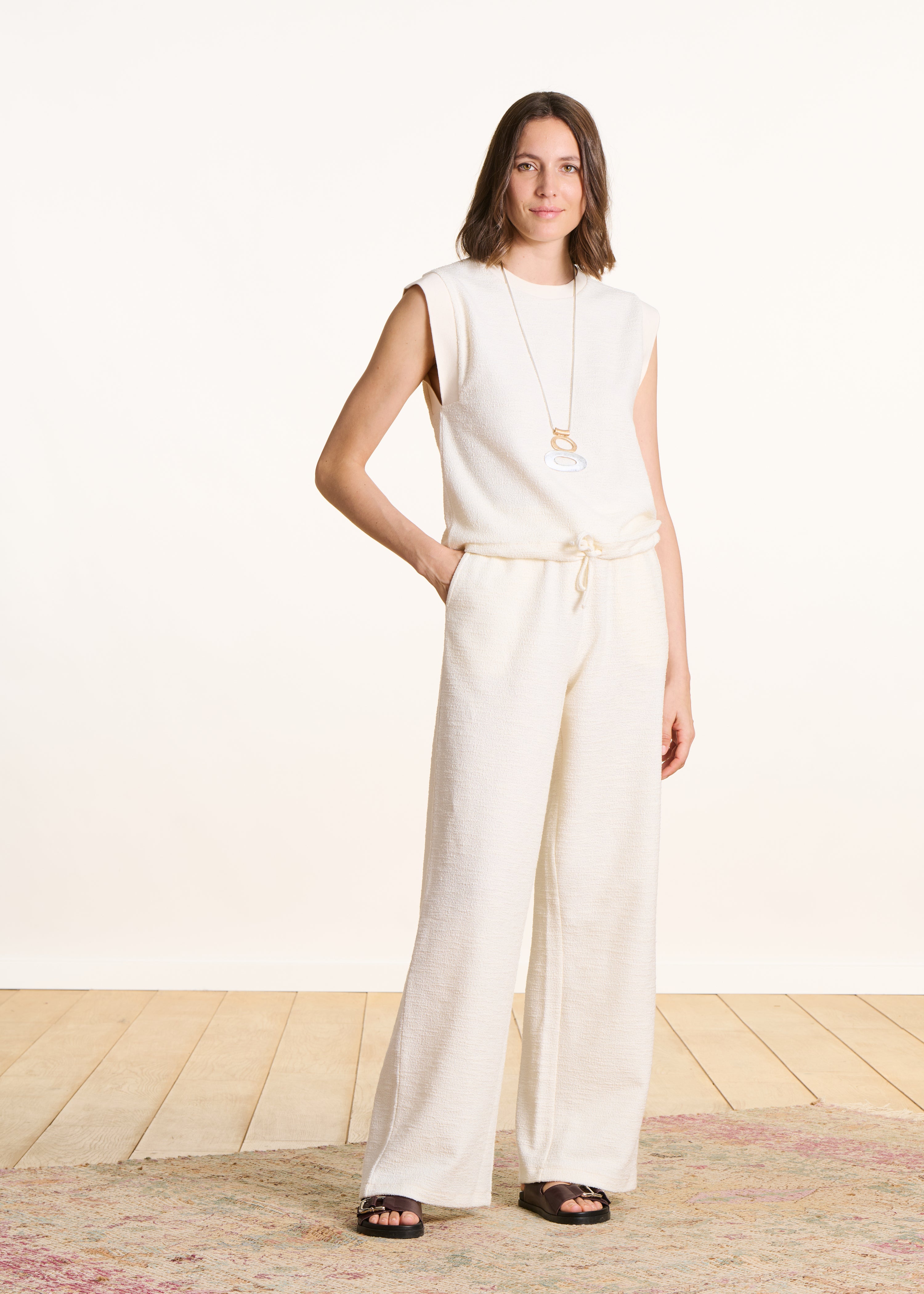 Wide cream elasticated jersey trousers