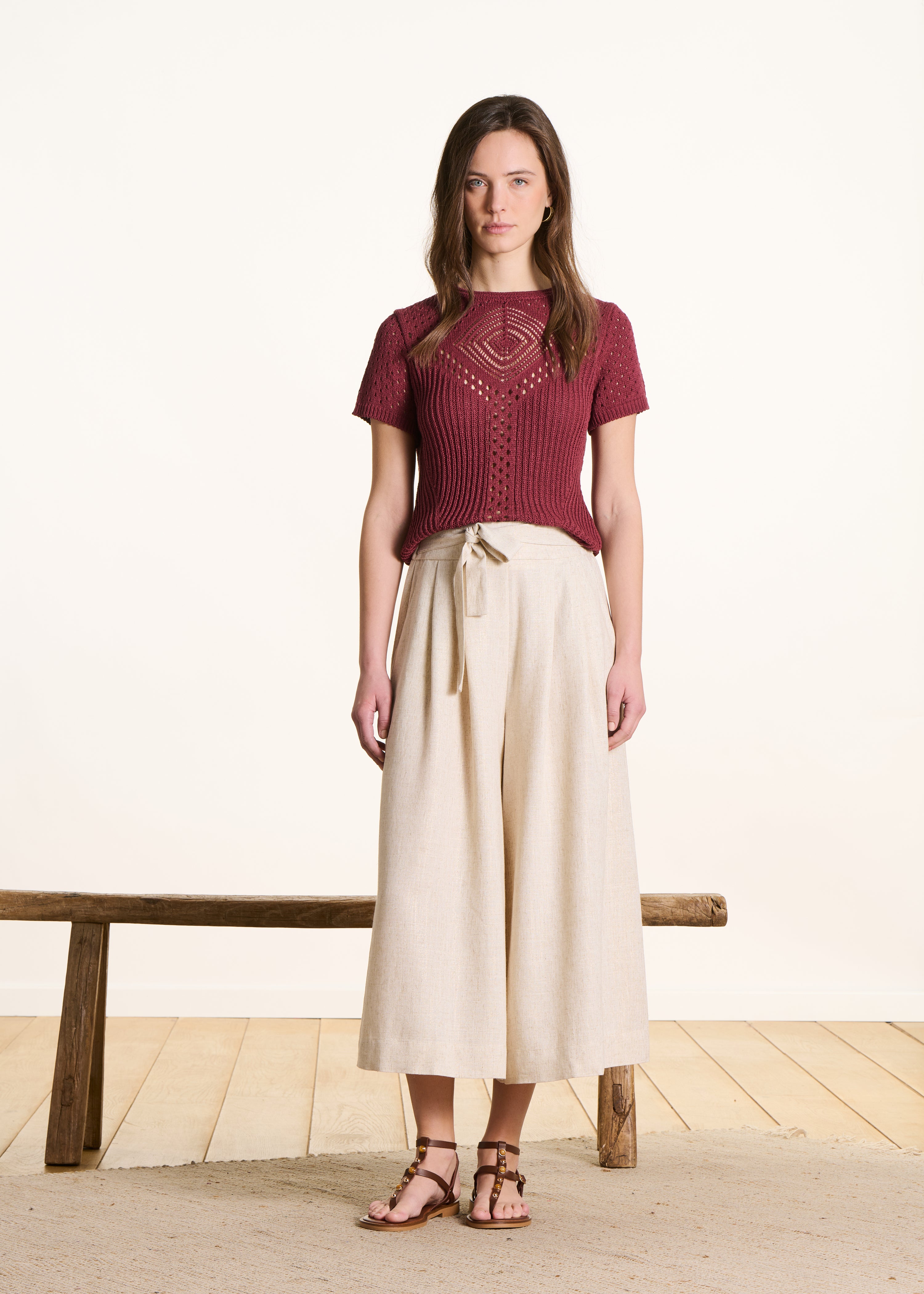 Wide Beige 7/8-Length Pants