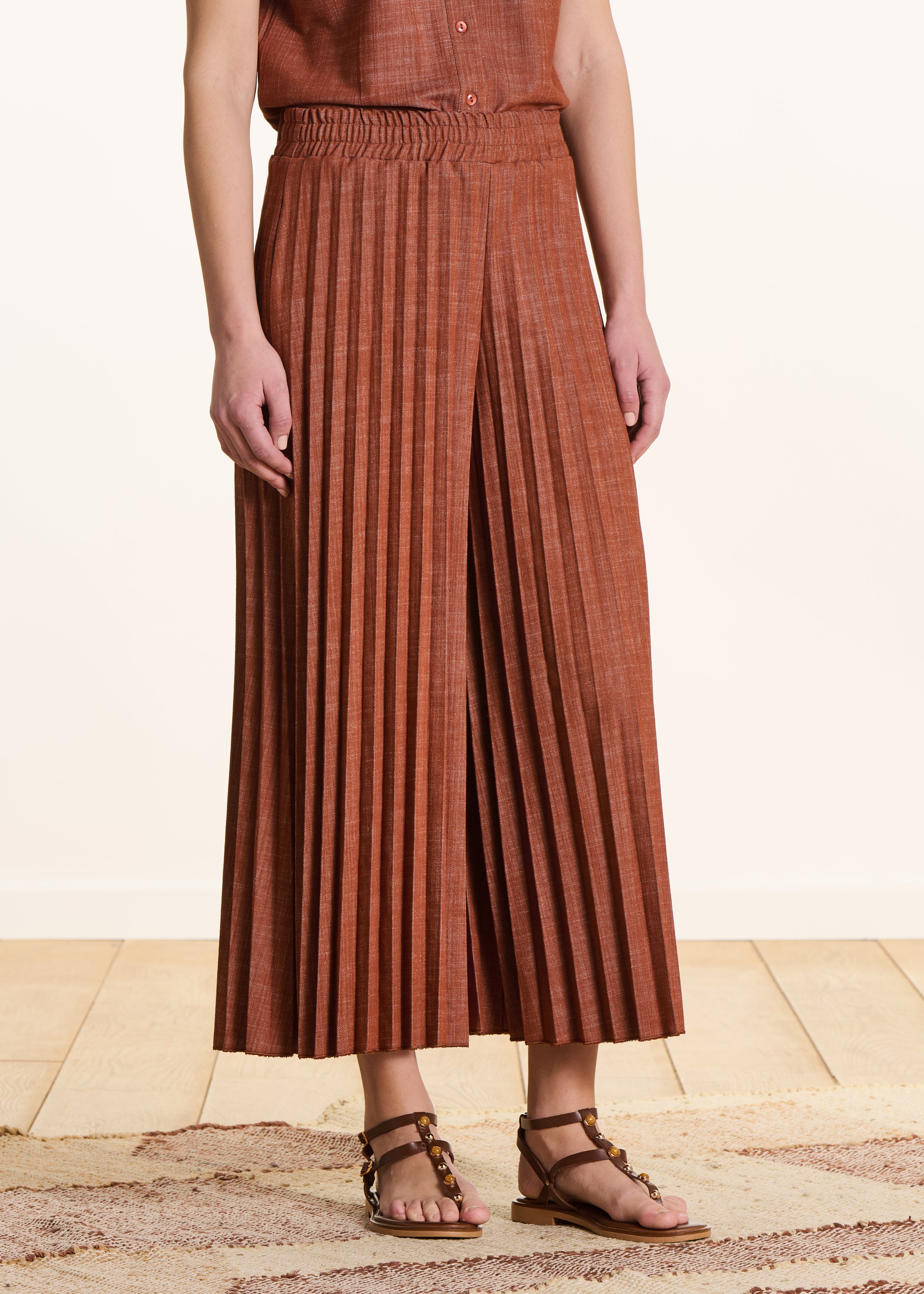 Plissé spijkerbroek terracotta met elastische taille
