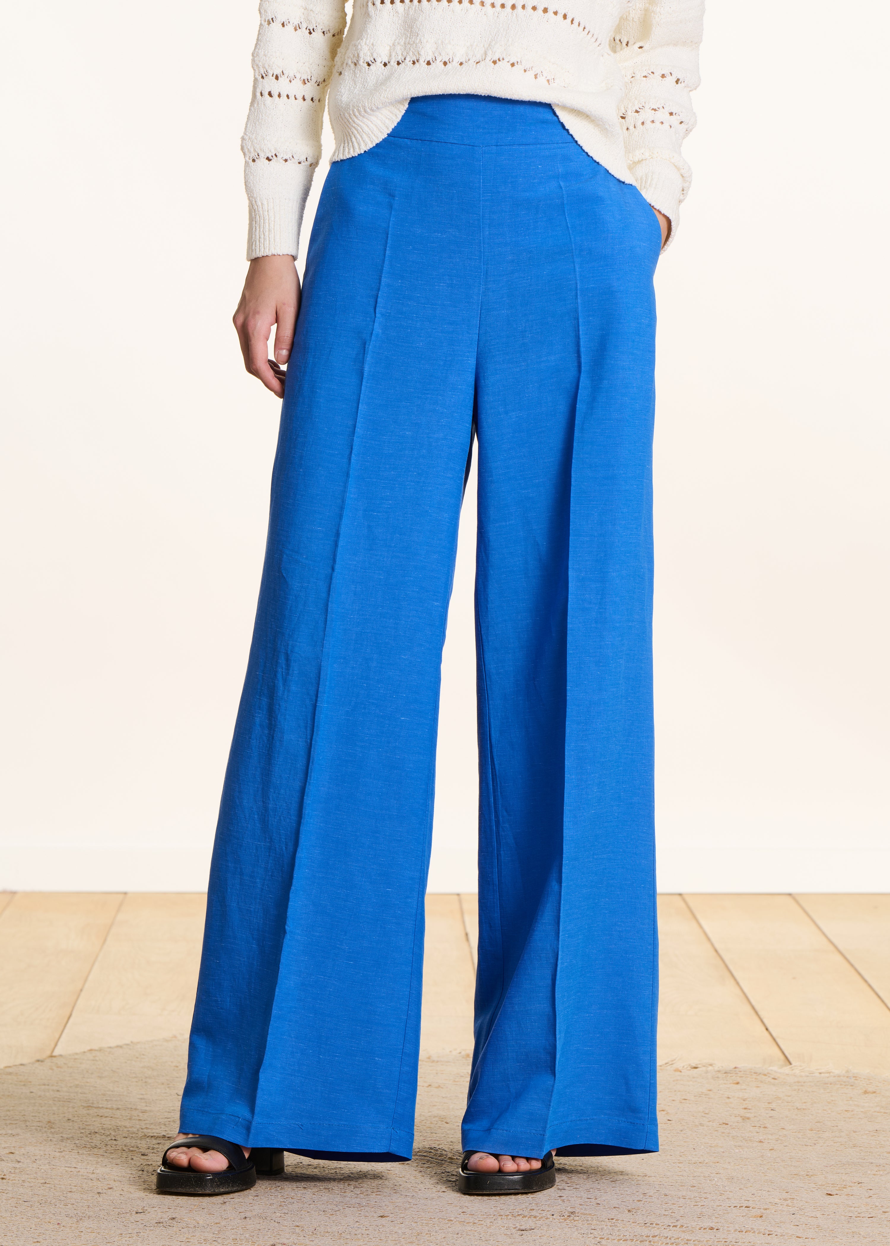 High-waisted wide-leg royal blue trousers