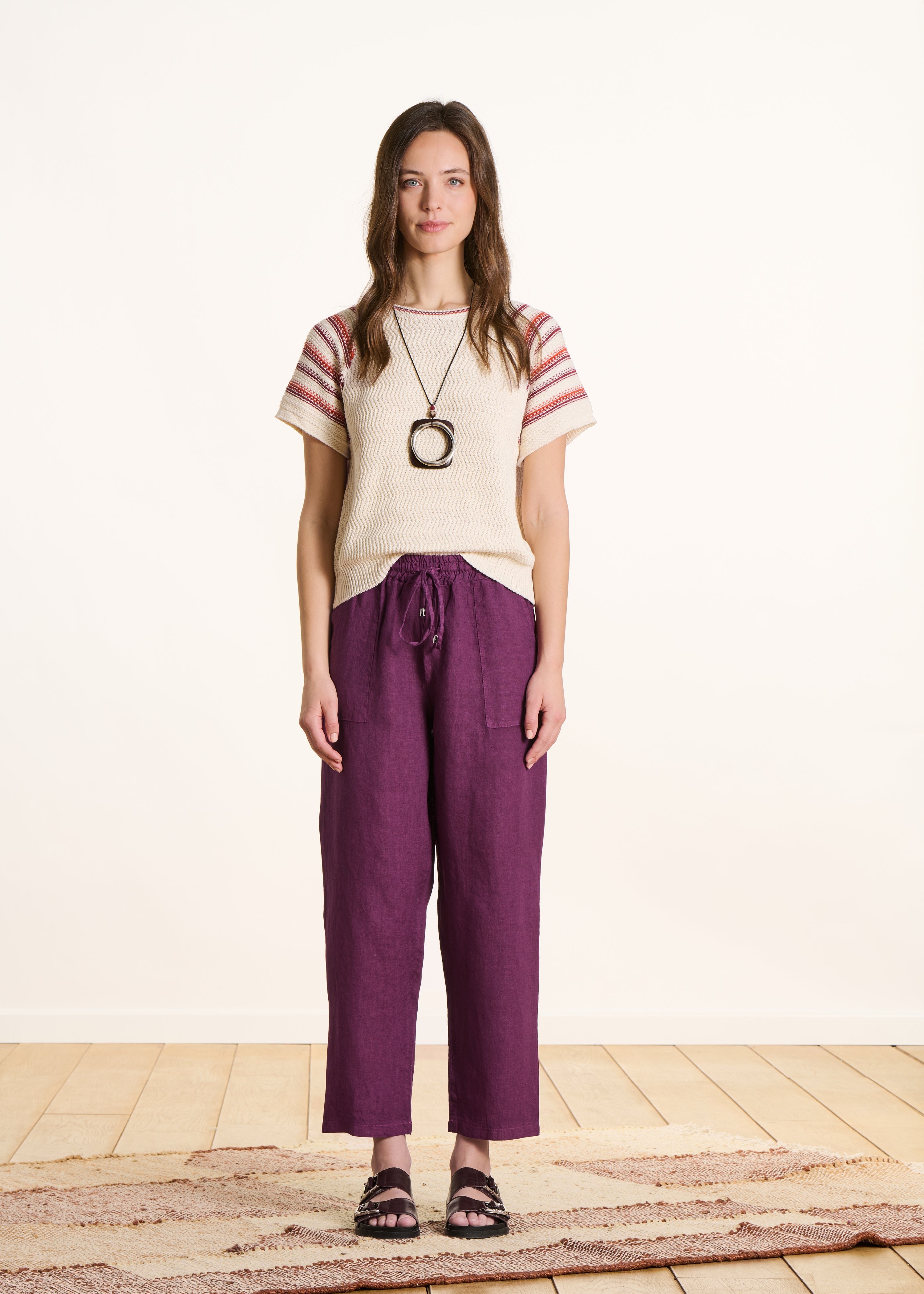 7/8 linnen broek in paars met elastische taille