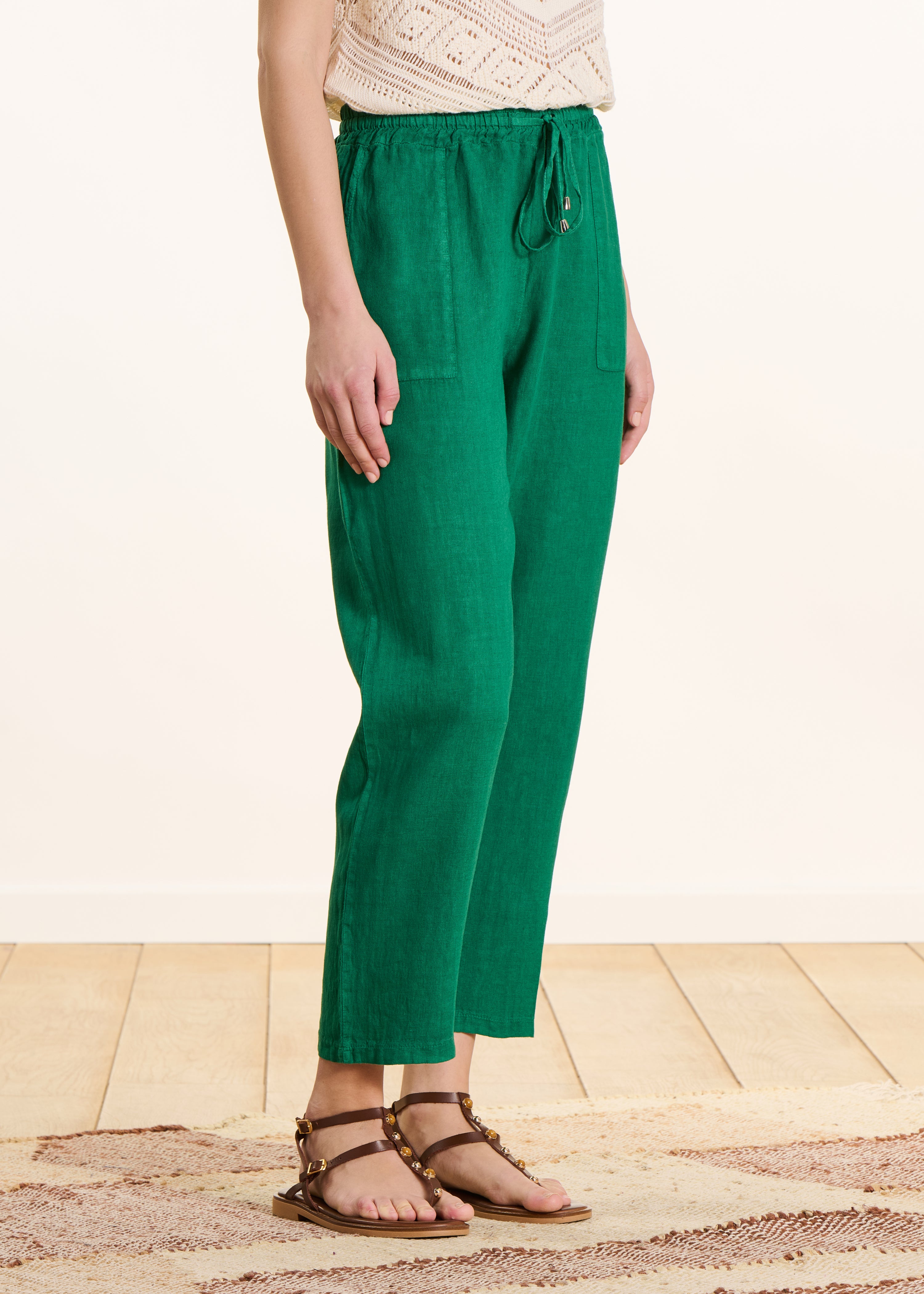 7/8 linnen broek in groen met elastische taille