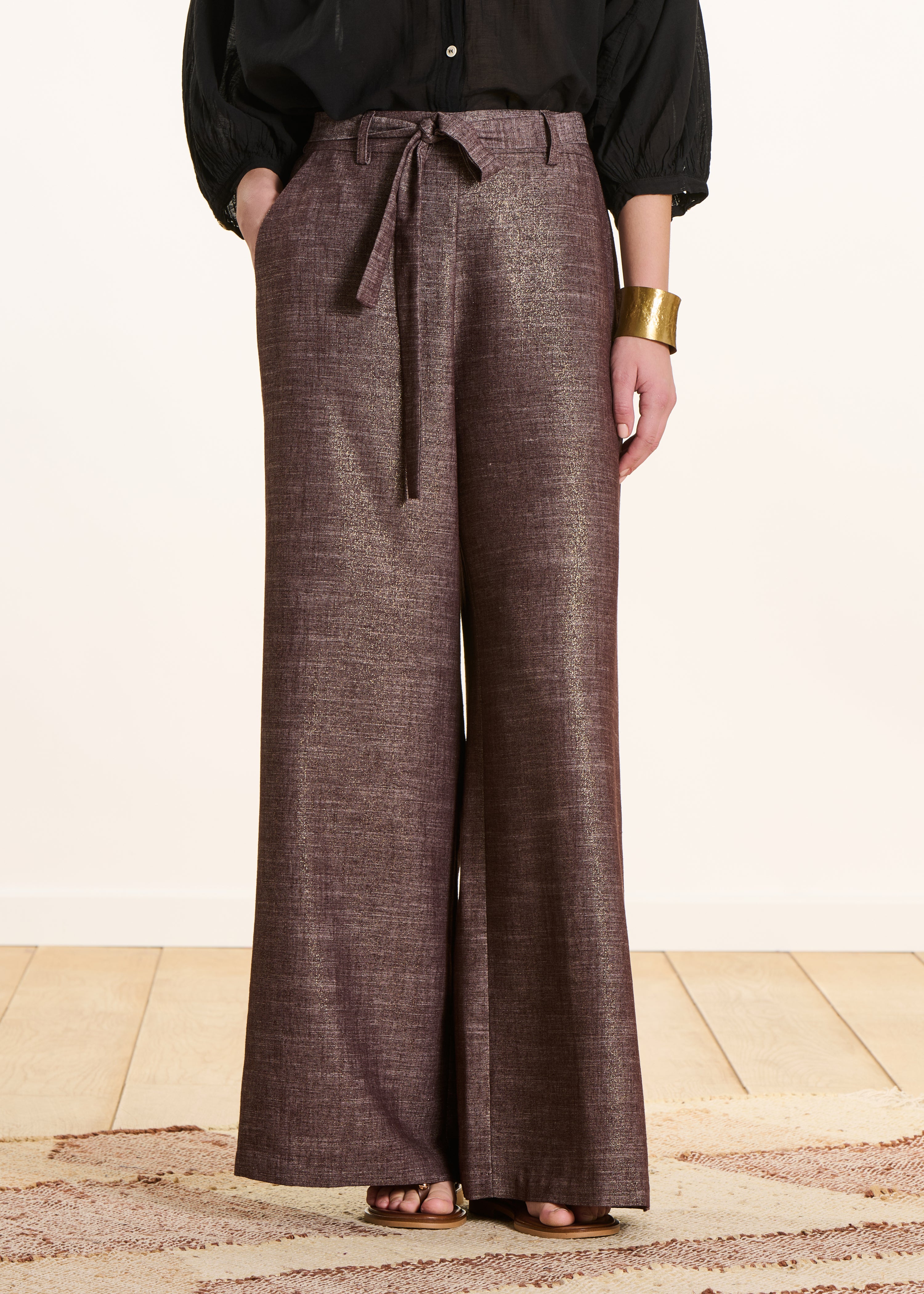 Pantalon large marron irisé avec ceinture à nouer