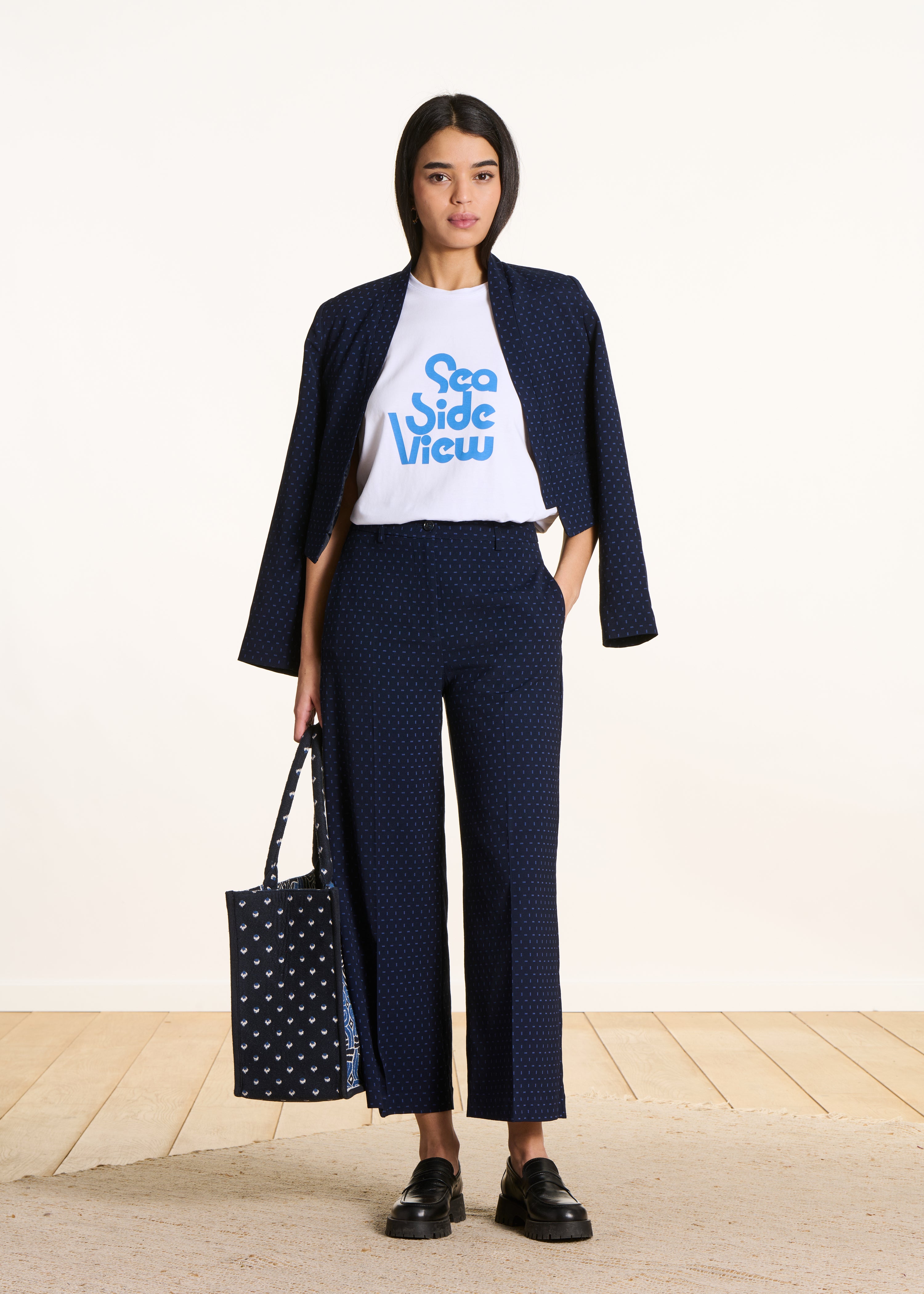 Cropped broek in blauwe jacquard