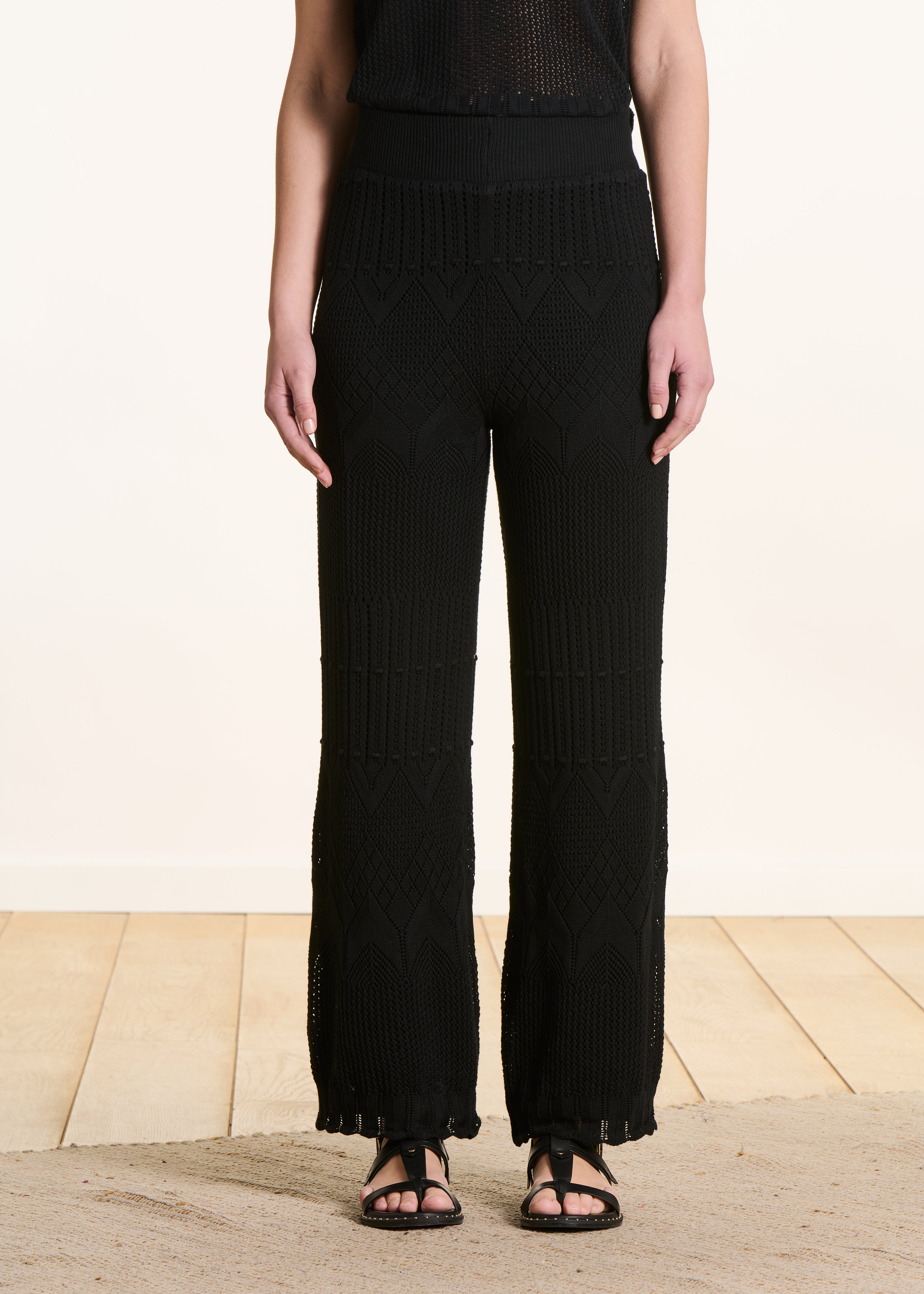 Black Pointelle Knit Pants with Lining