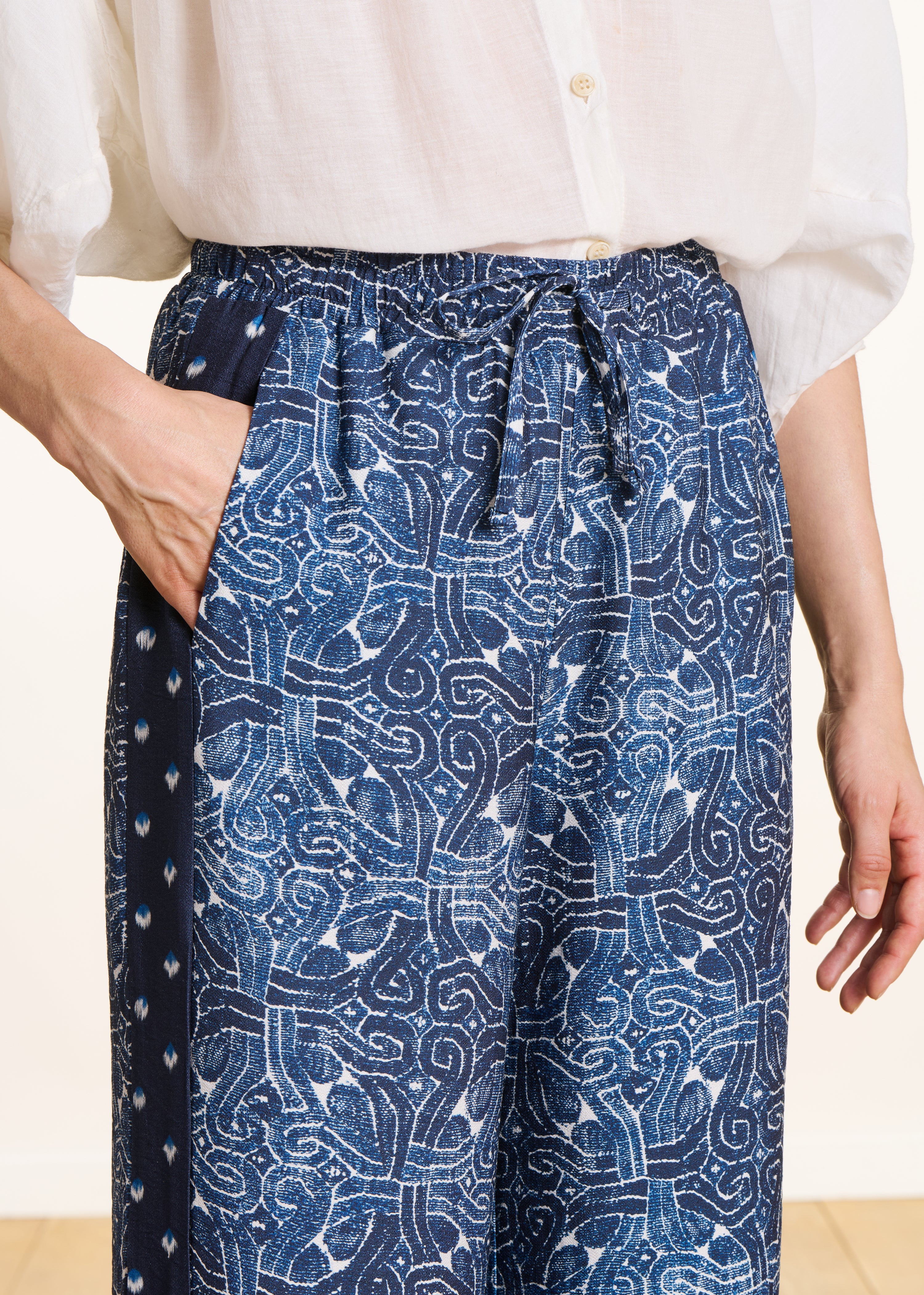Wide blue patchwork printed trousers