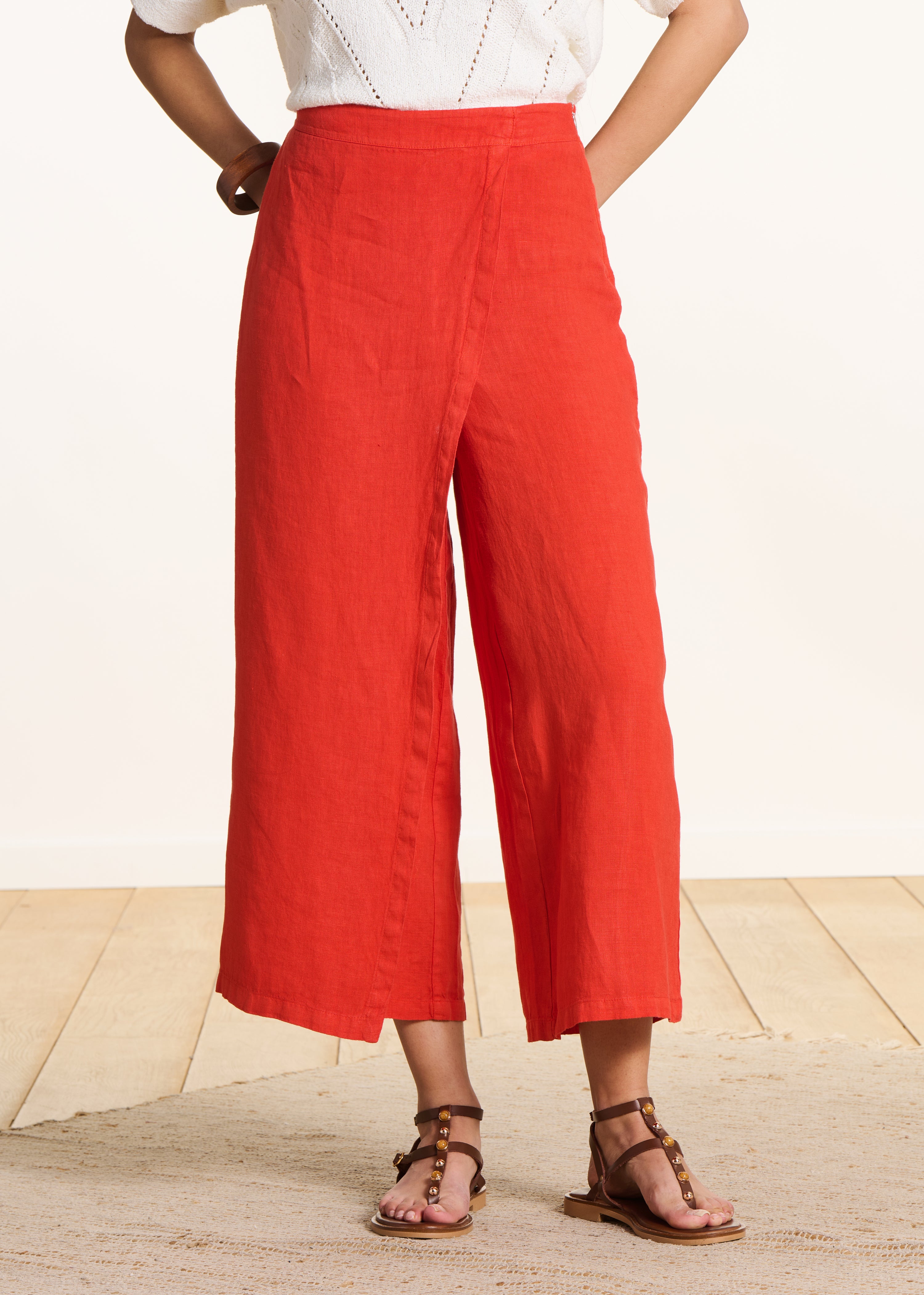 Oranje wijde 7/8 linnen broek met split