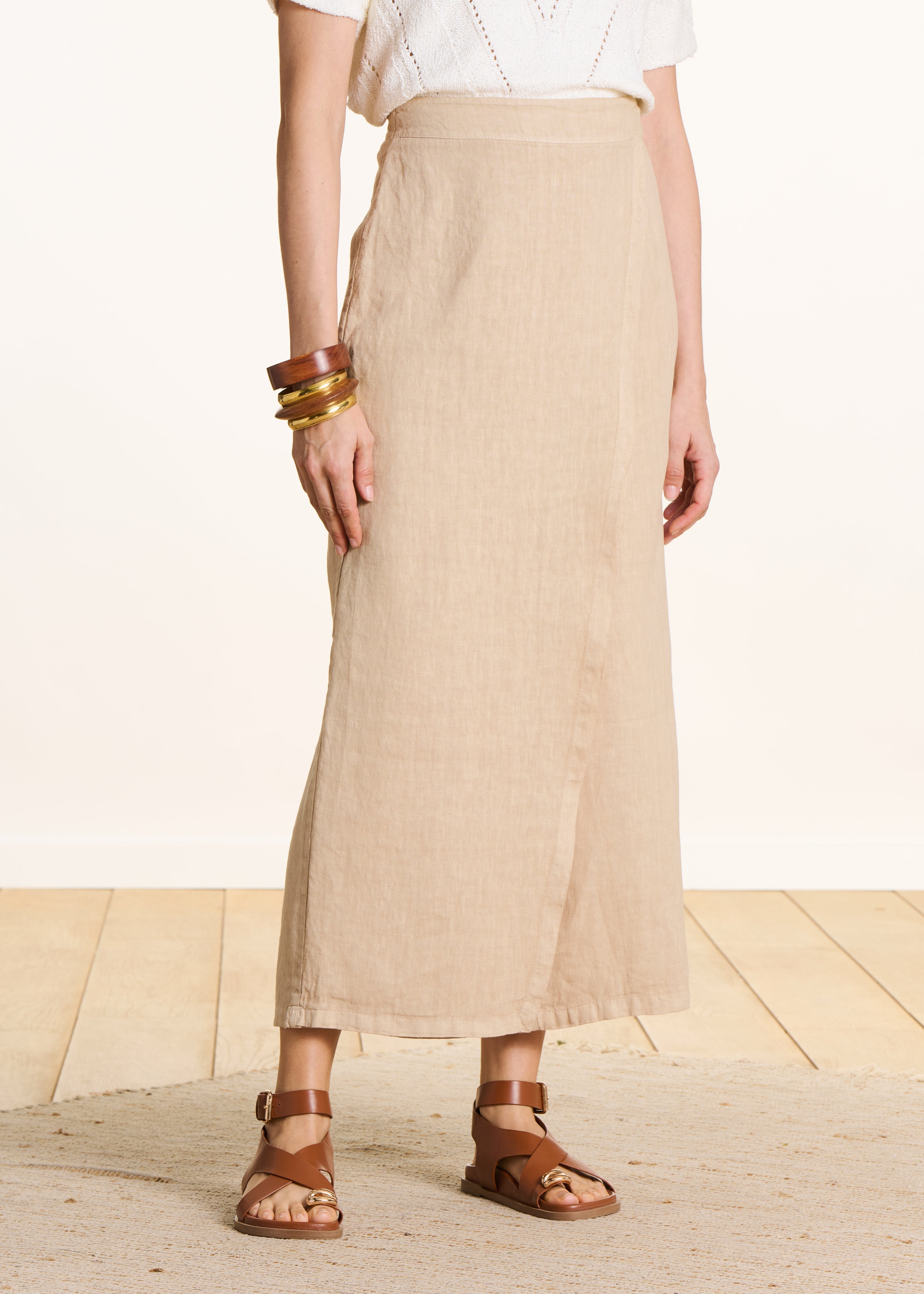 Pantalon large 7/8ème beige en lin avec pan