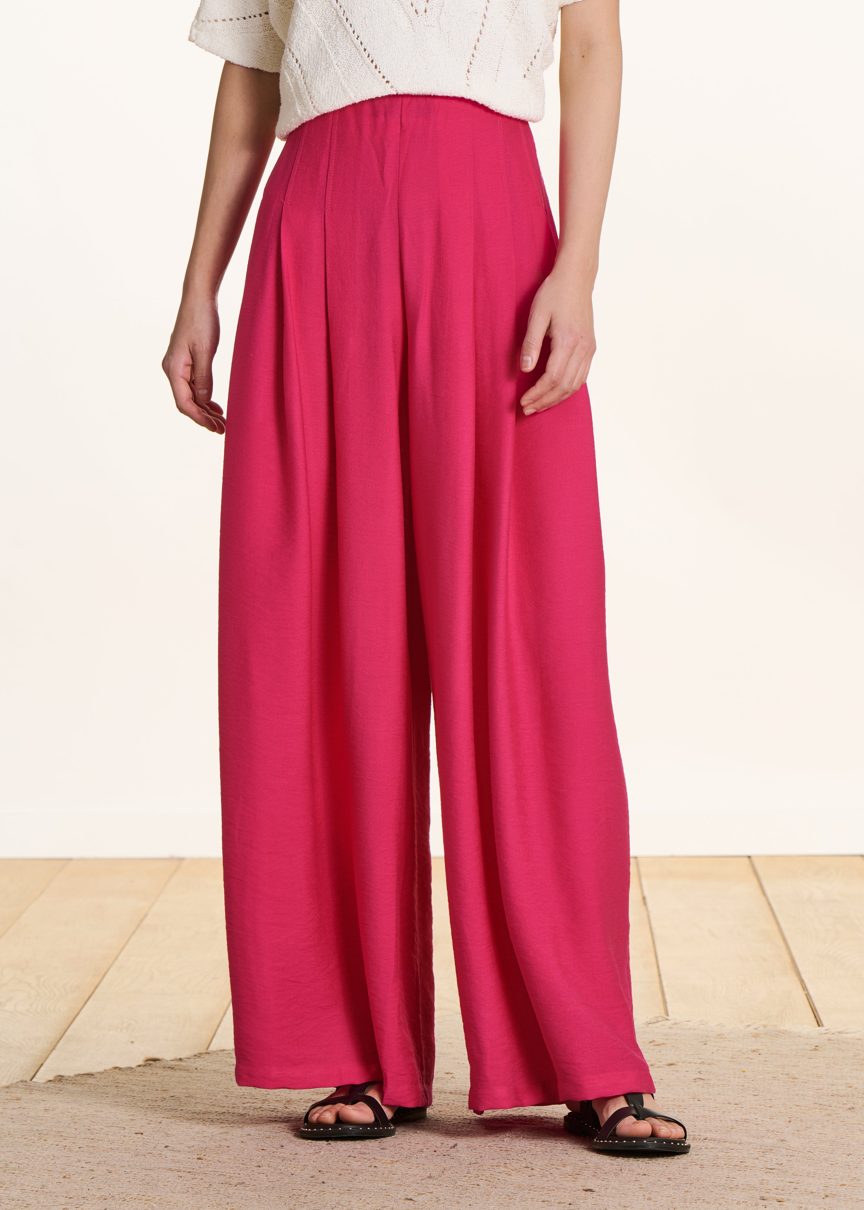 Lange fuchsia roze broek met hoge, elastische taille