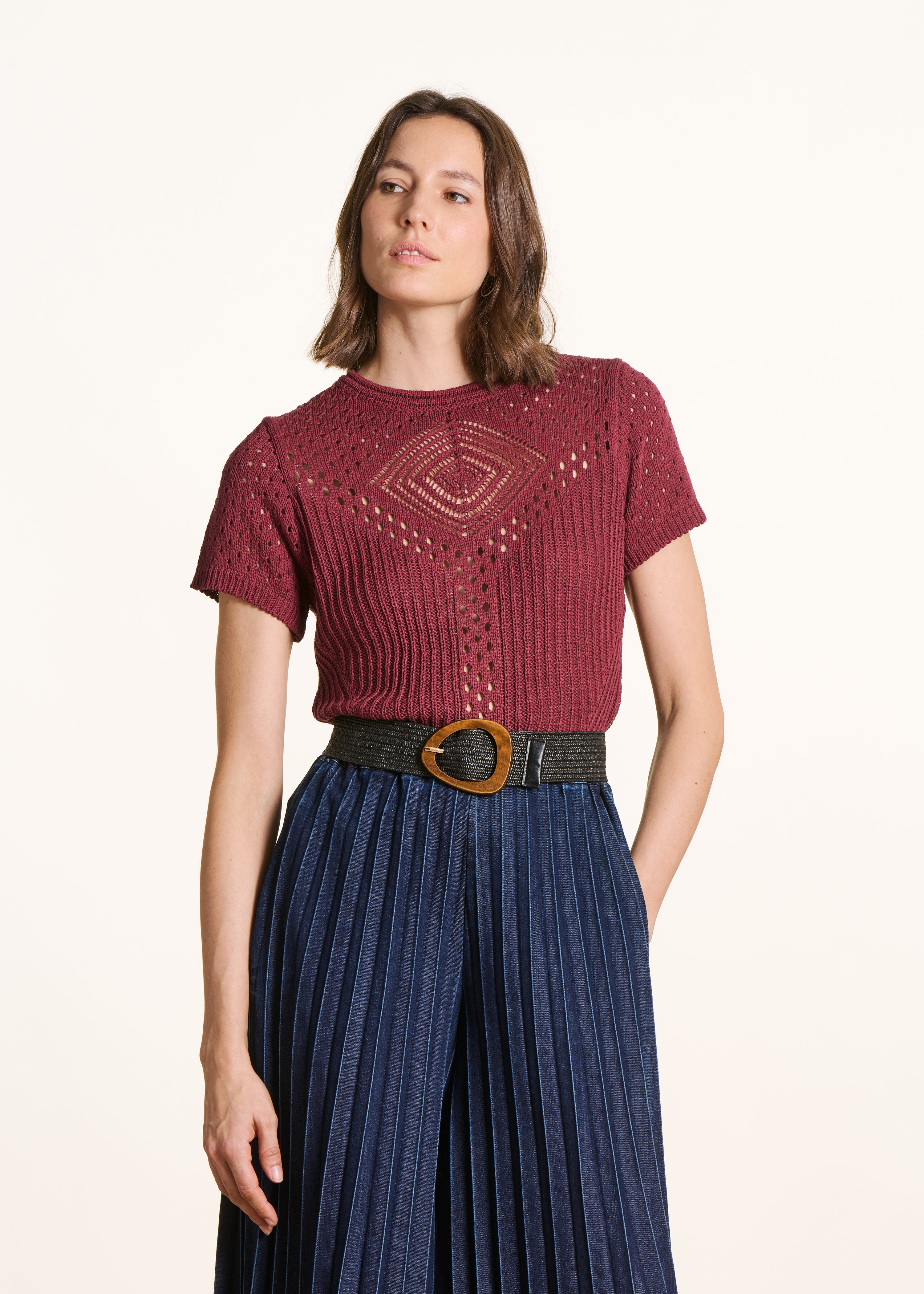 Burgundy openwork crochet knit sweater