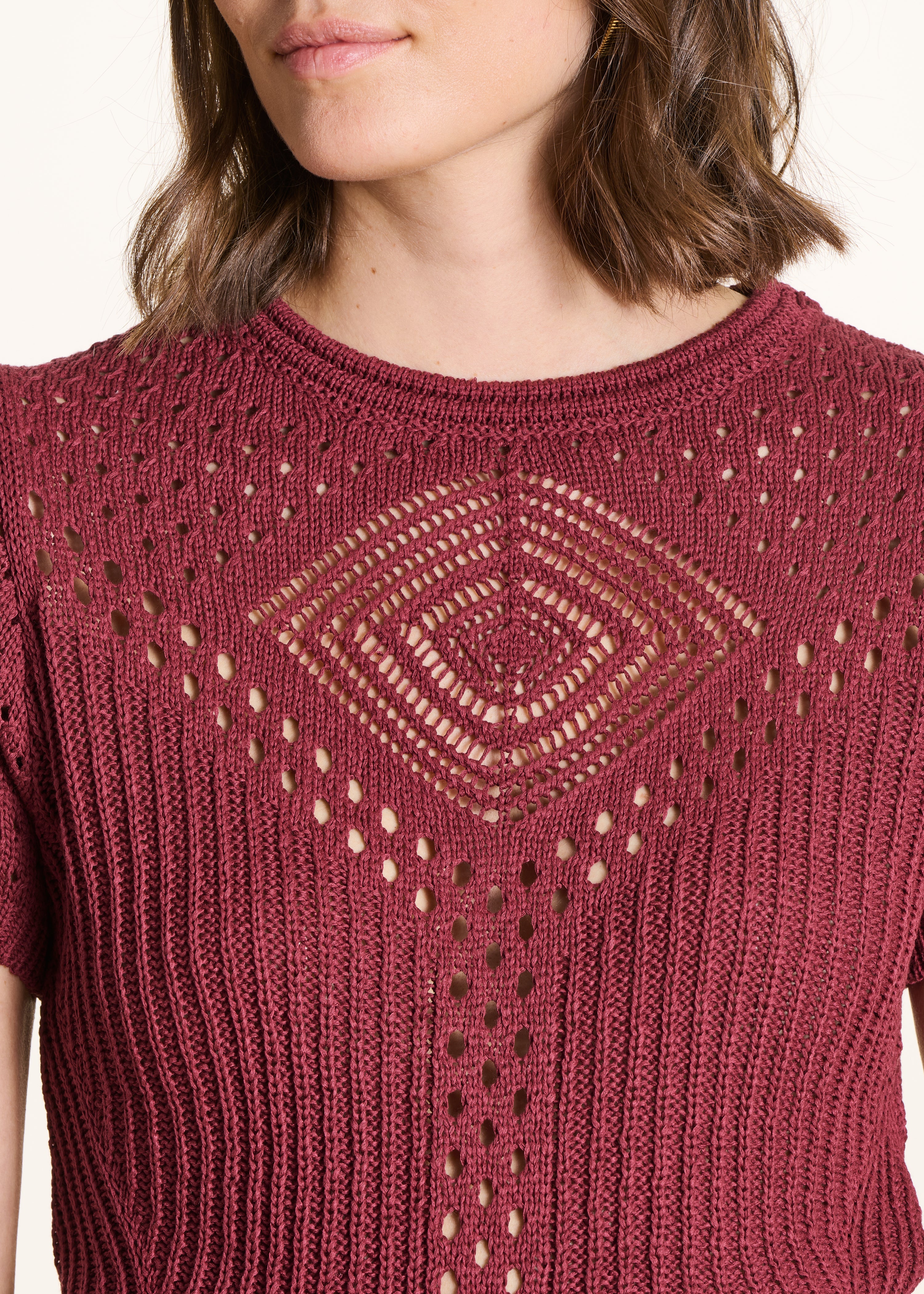 Burgundy openwork crochet knit sweater