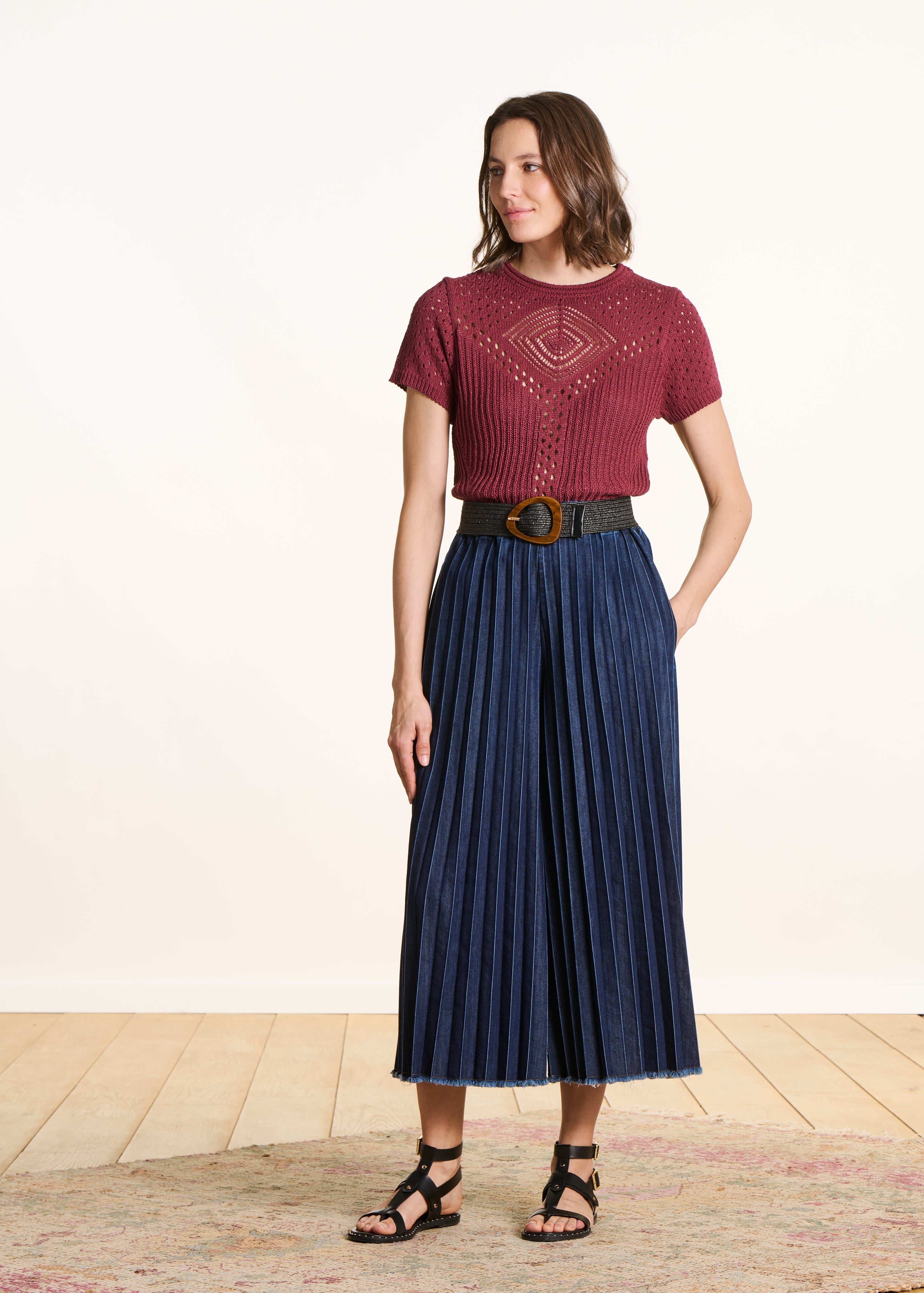 Burgundy openwork crochet knit sweater