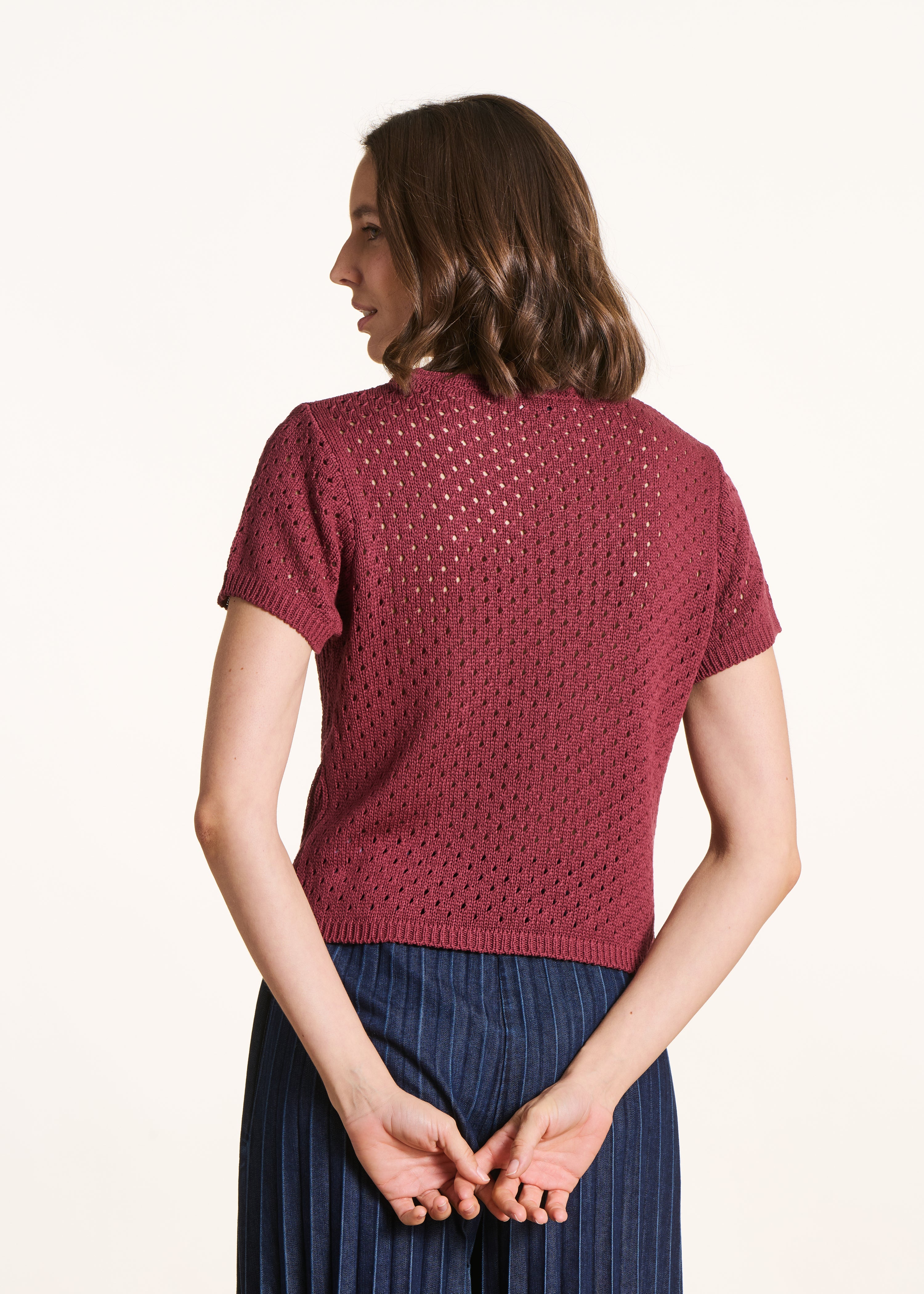 Burgundy openwork crochet knit sweater