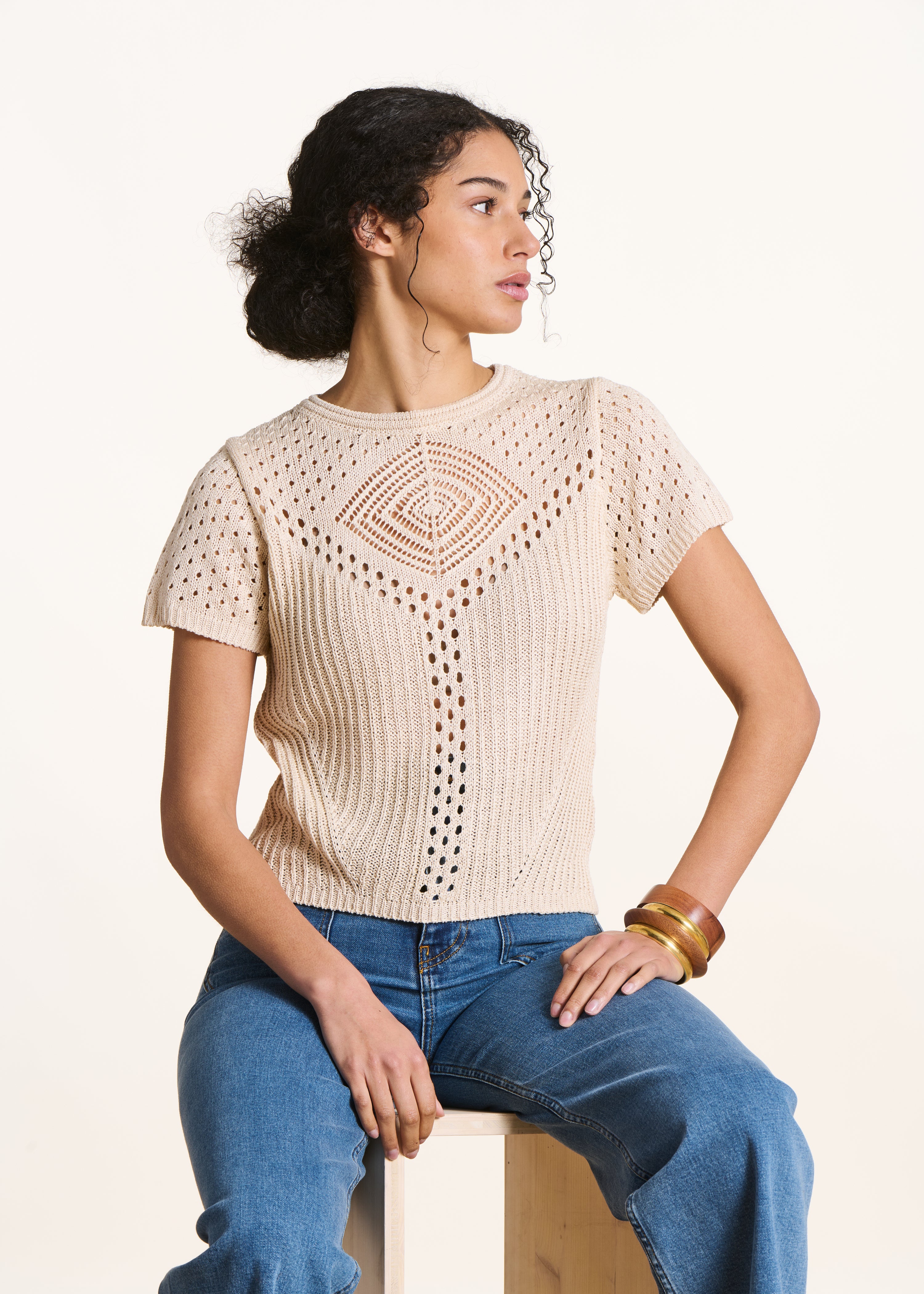 Ecru crochet knit openwork sweater