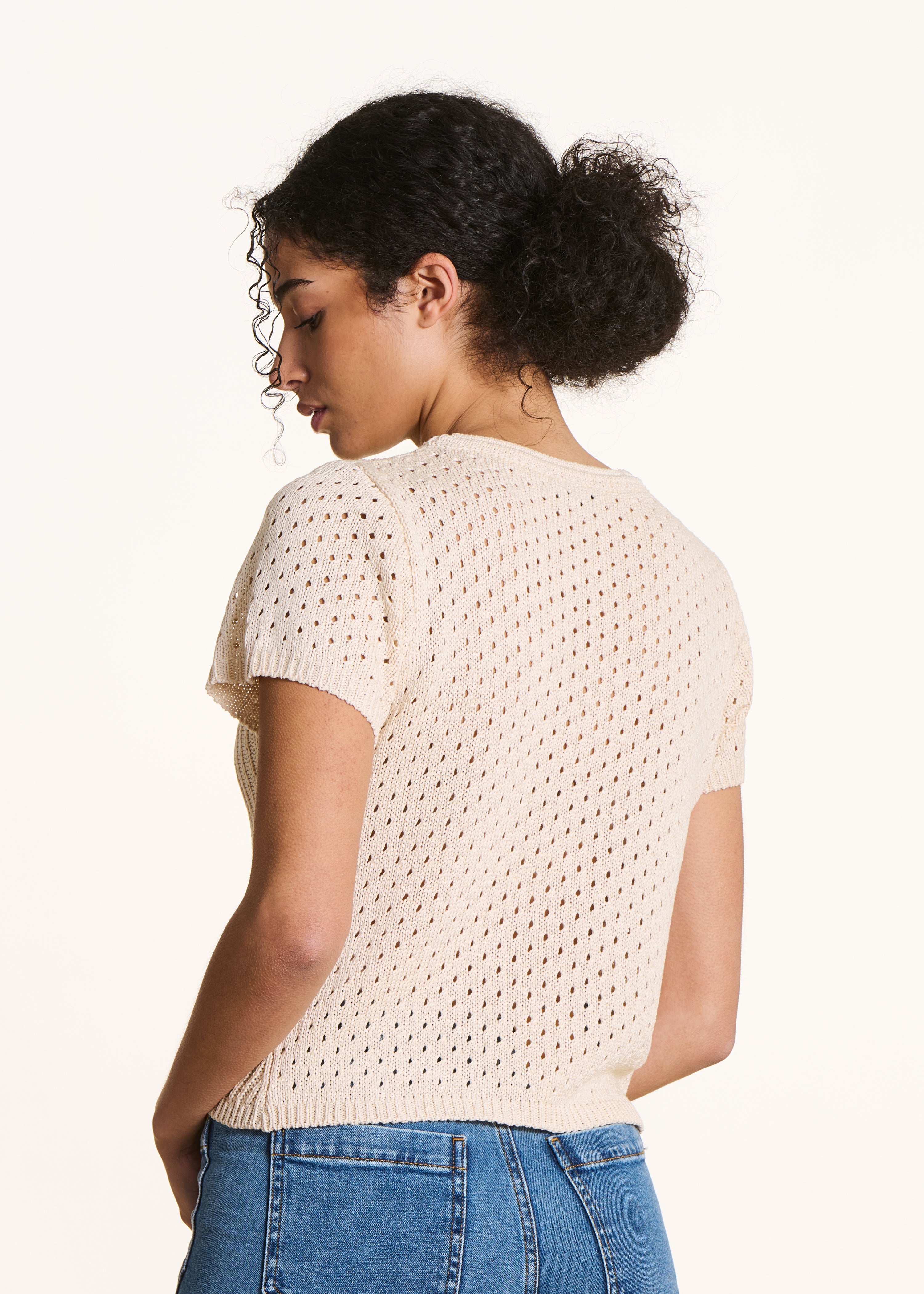 Ecru crochet knit openwork sweater
