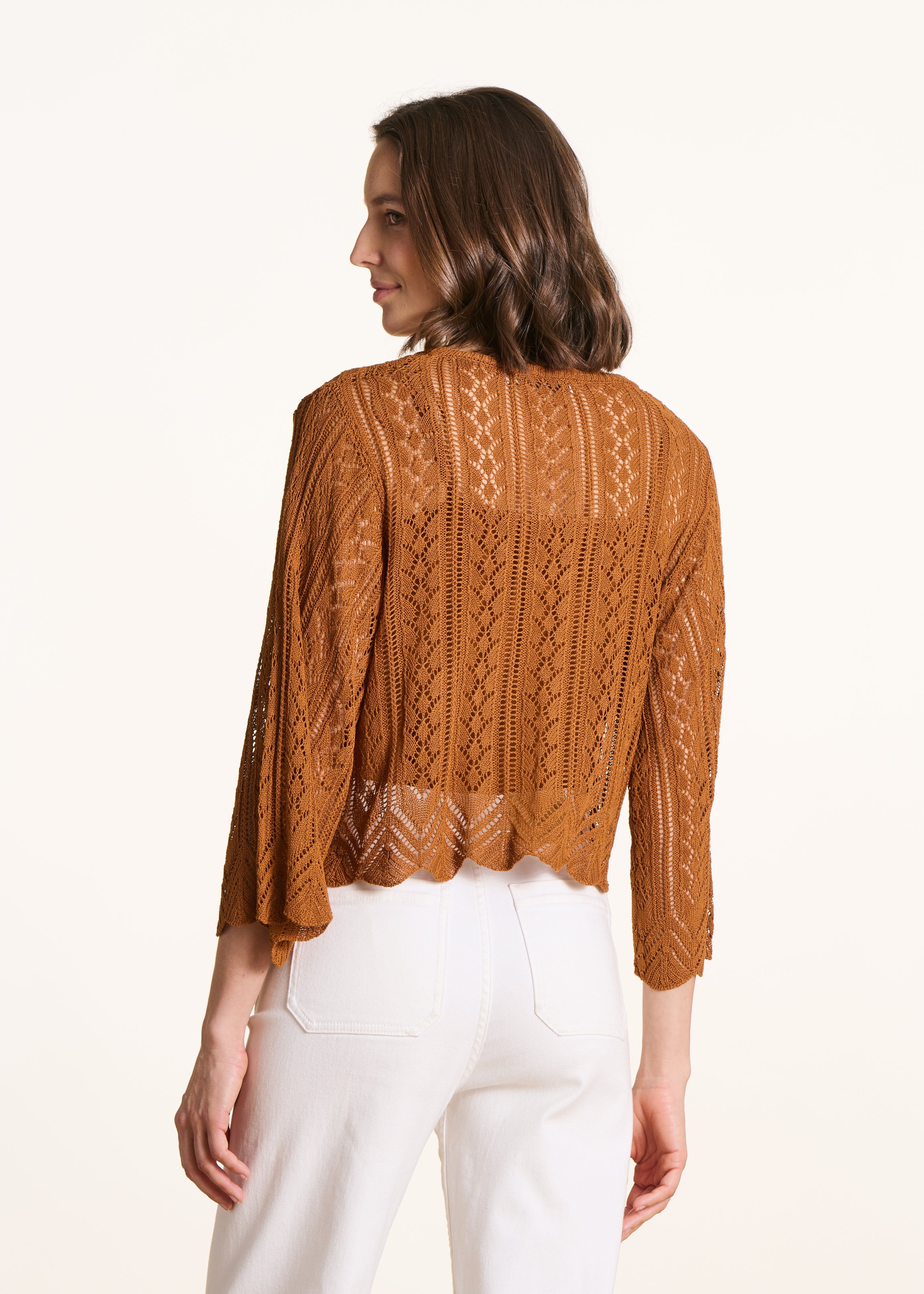Short brown sweater in fine openwork knit