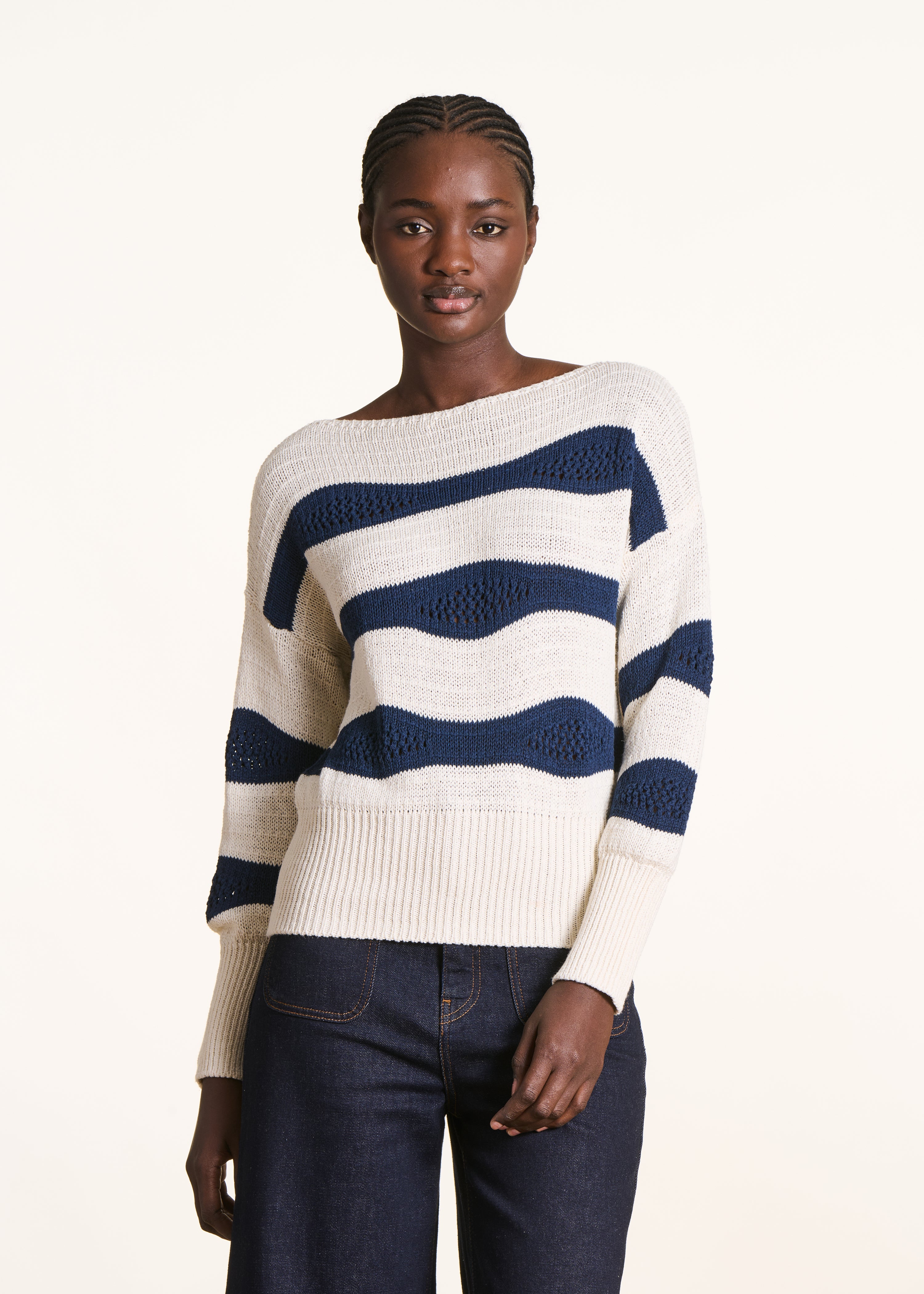 Boat neck striped sweater with long sleeves