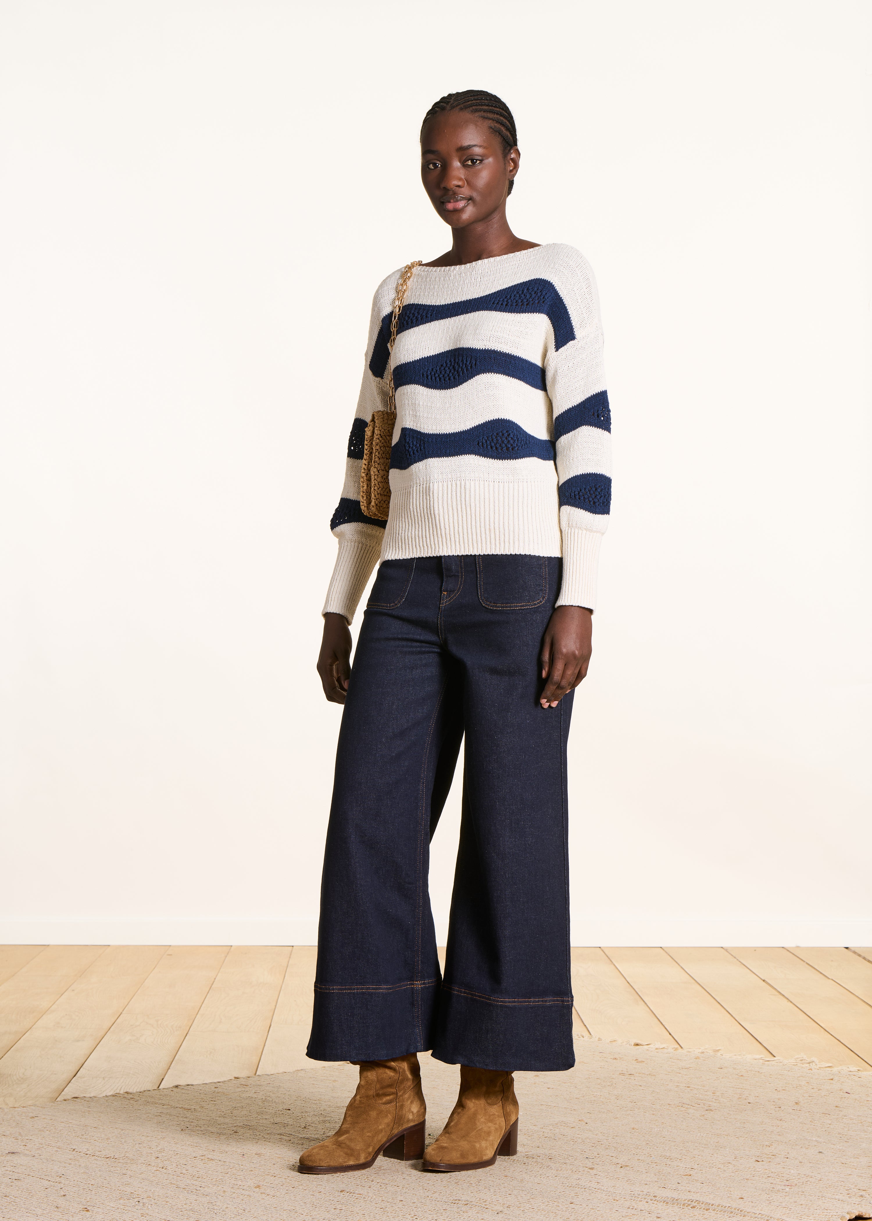 Boat neck striped sweater with long sleeves