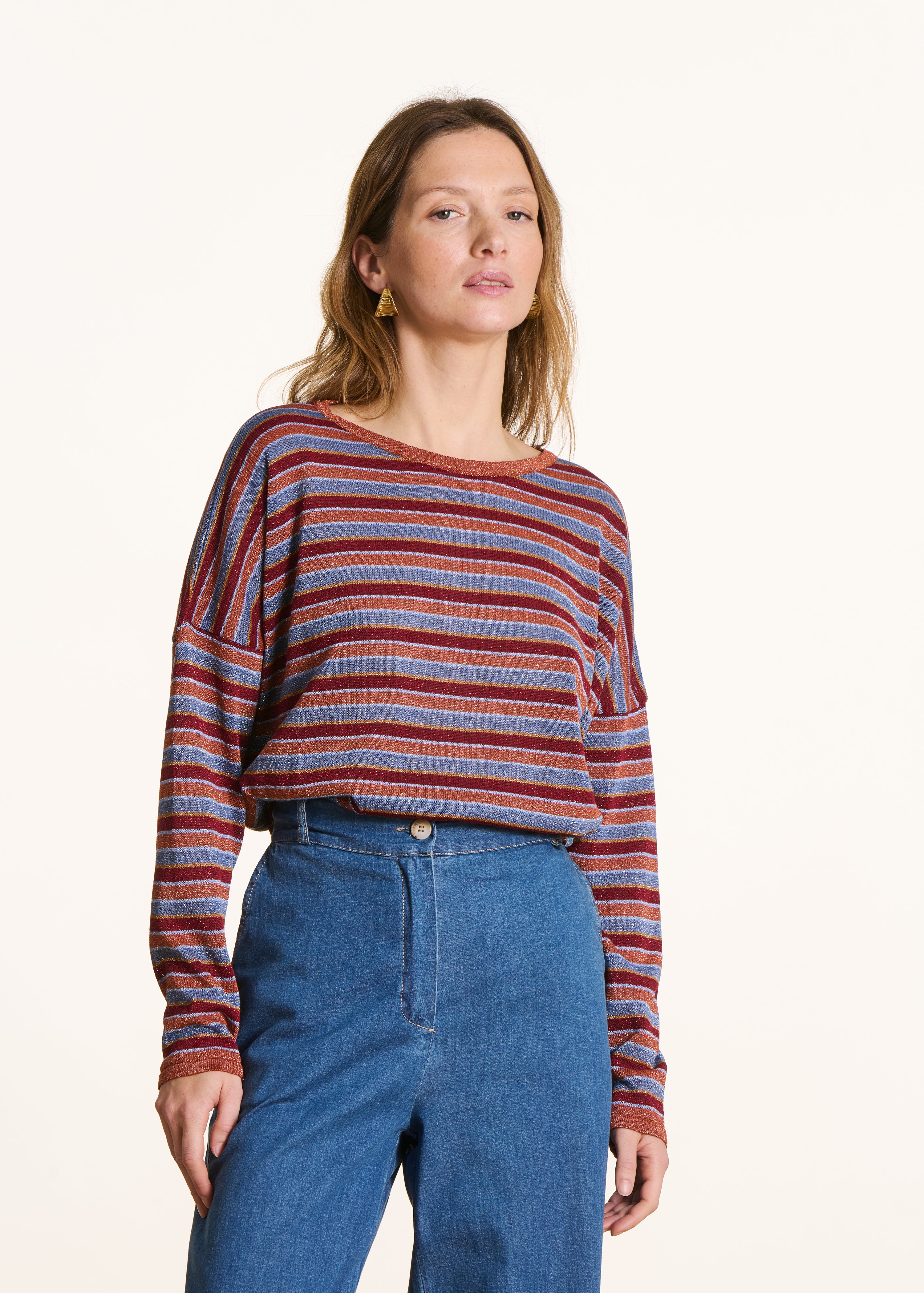 Iridescent Knit Sweater with Multicolored Stripes
