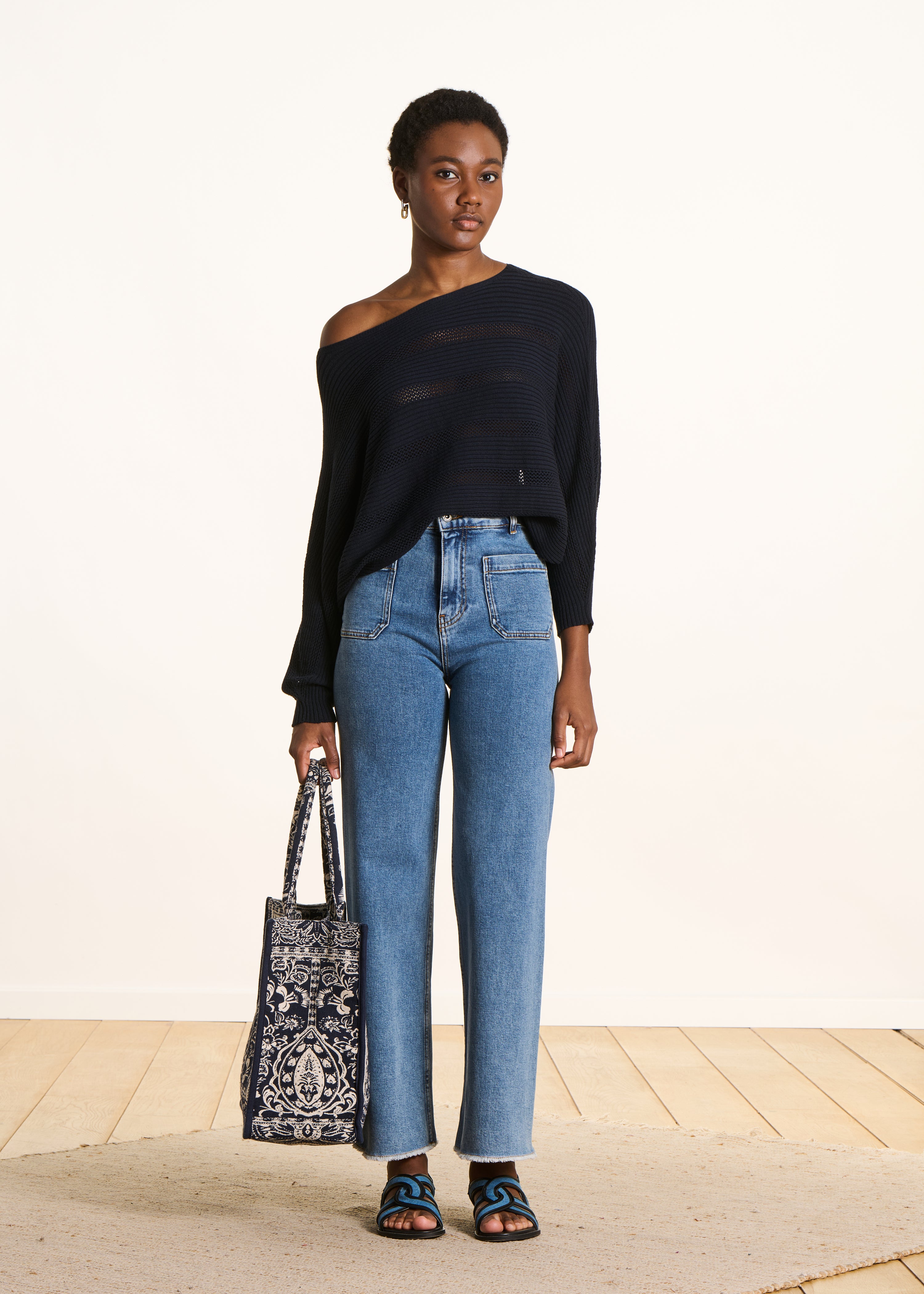Dark blue long-sleeve cape sweater