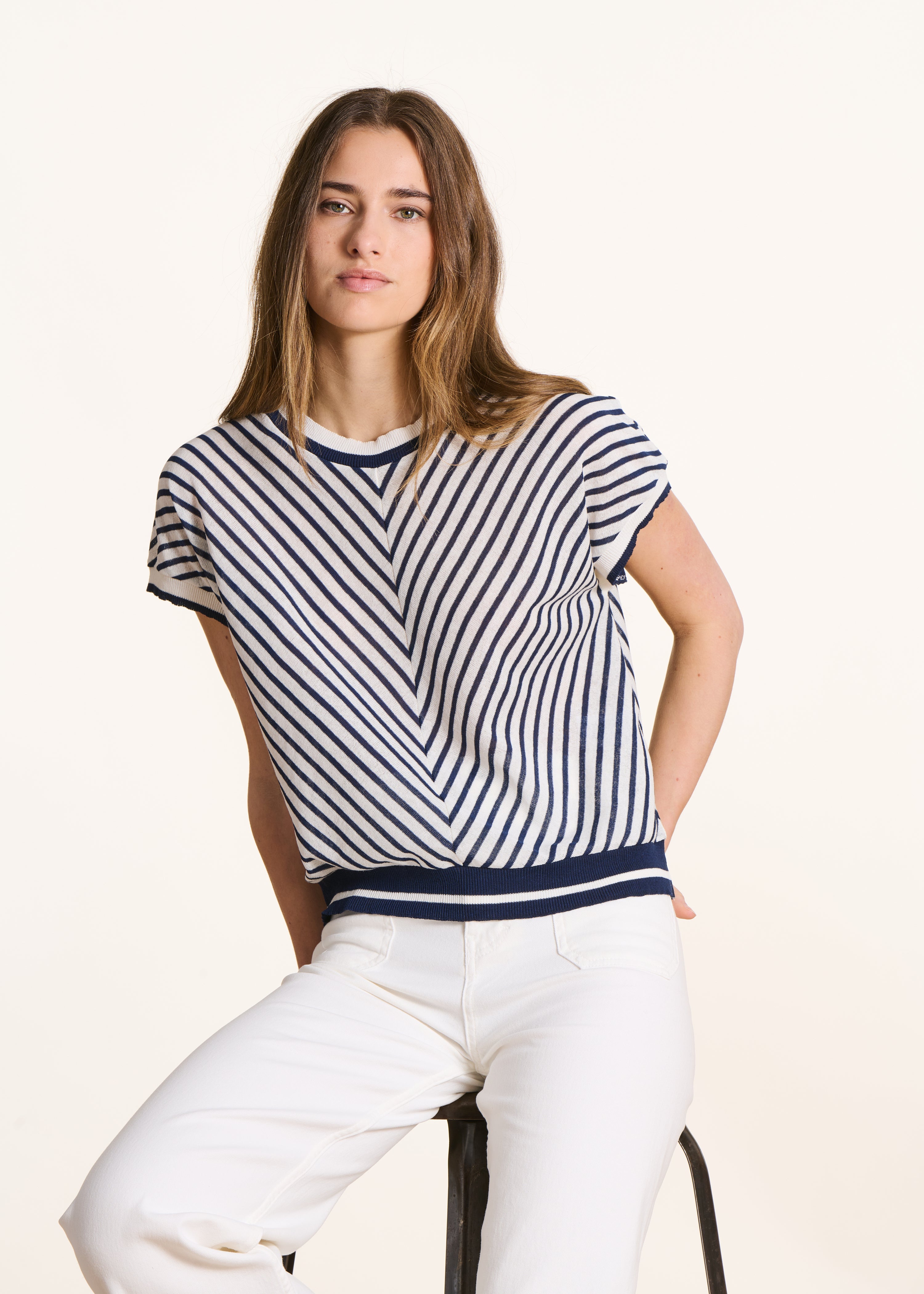 Short Ecru Sweater with Blue Stripes in Fine Knit, Short Sleeves
