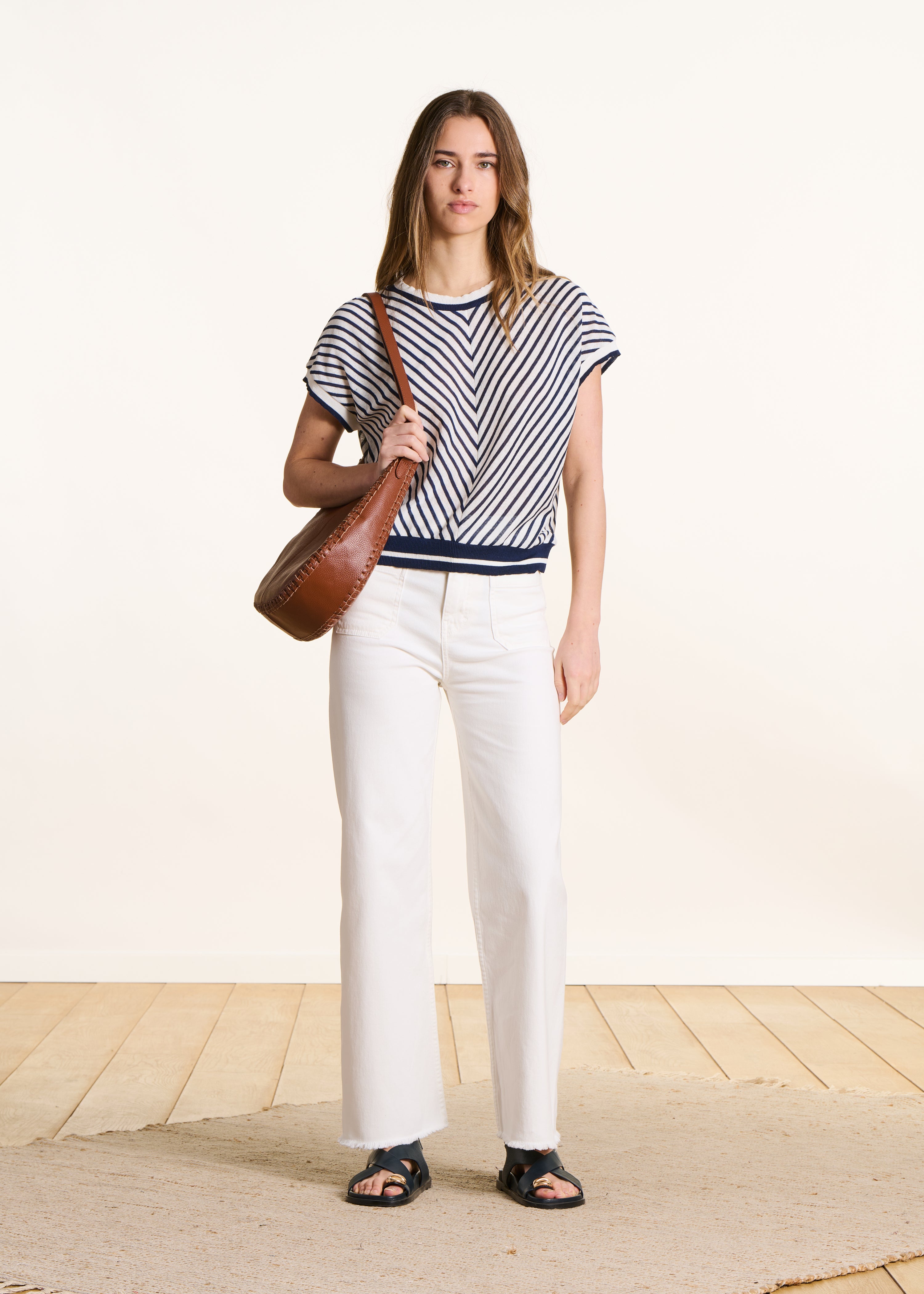 Short Ecru Sweater with Blue Stripes in Fine Knit, Short Sleeves