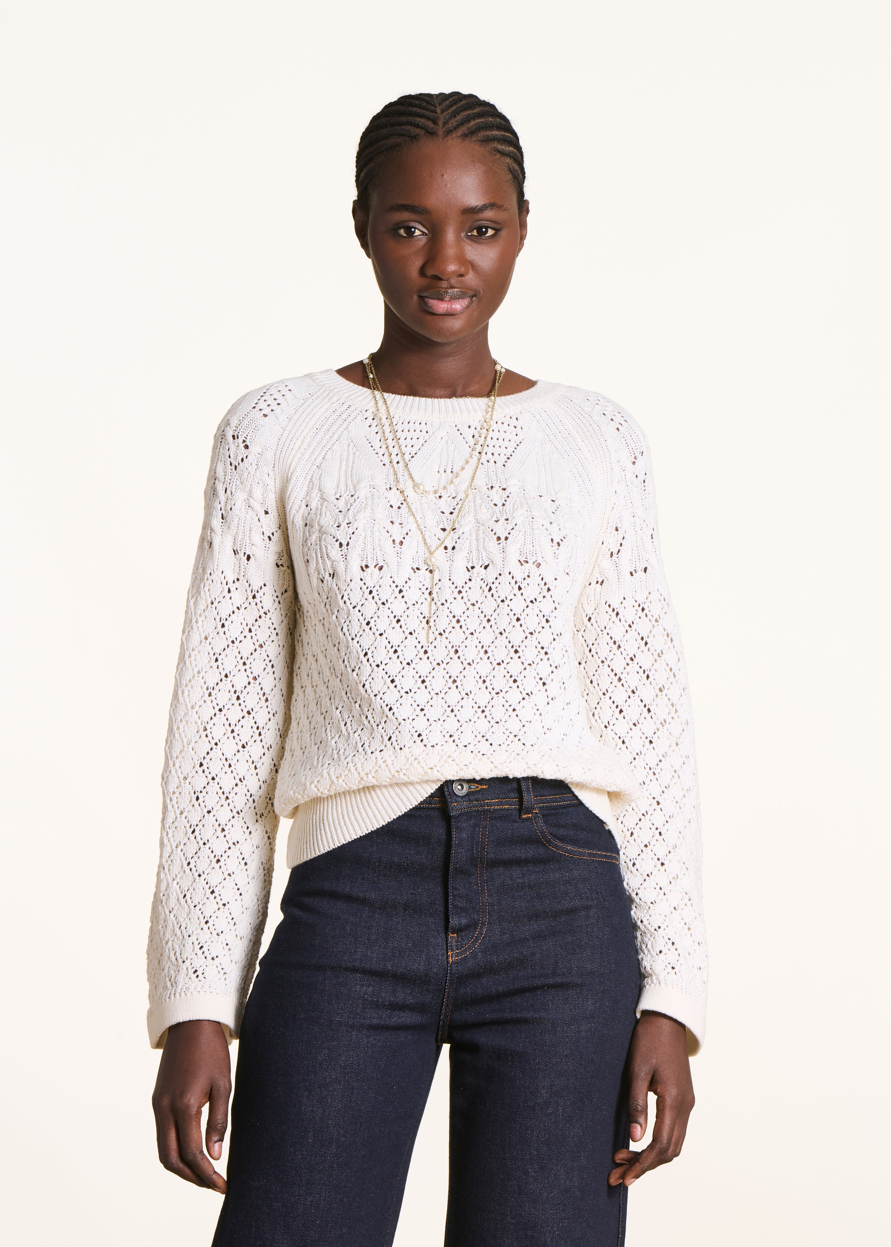 Ecru open-knit long-sleeve sweater