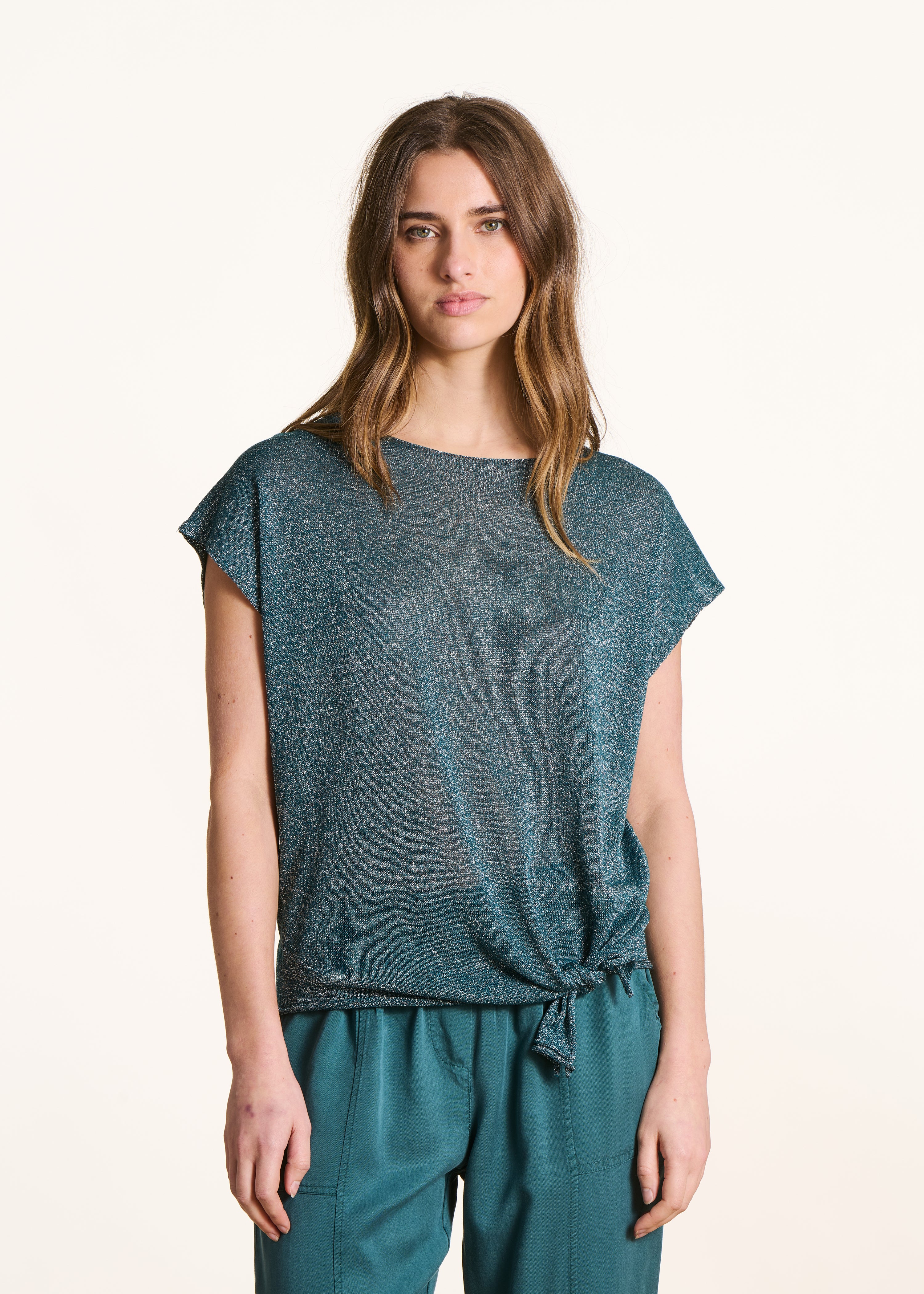 Petrol Blue Fine Iridescent Knit Short Sleeve Sweater
