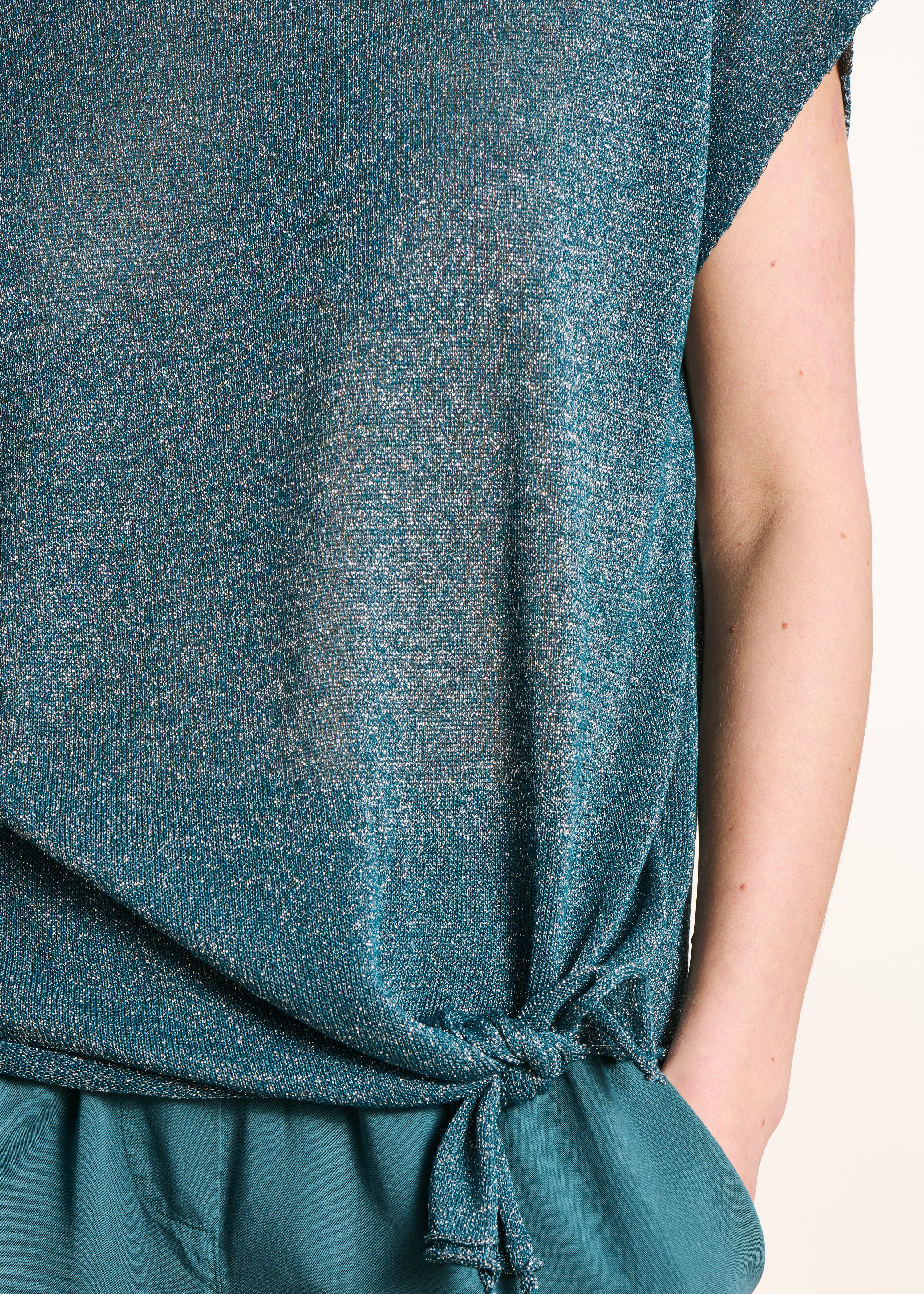 Petrol Blue Fine Iridescent Knit Short Sleeve Sweater