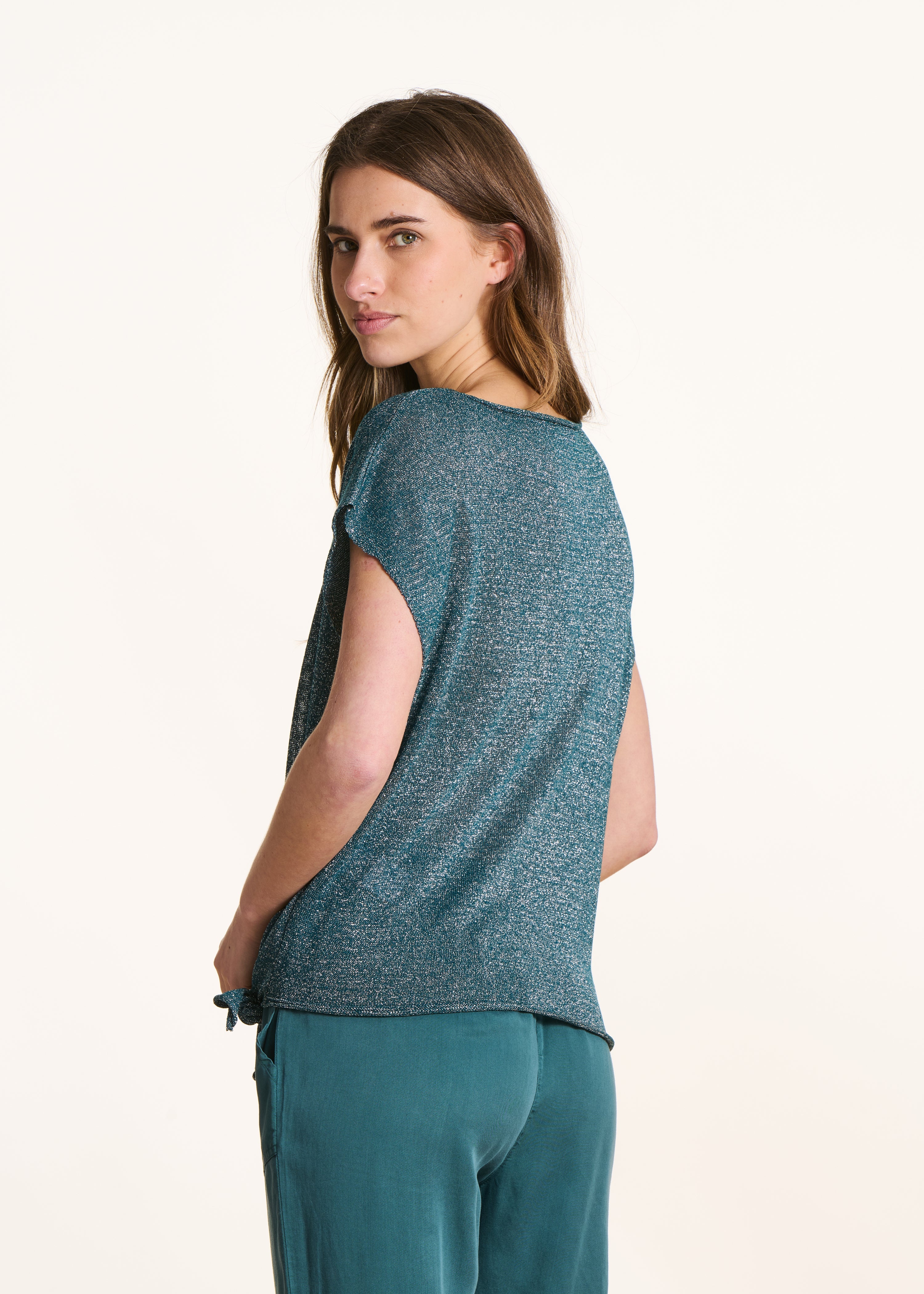 Petrol Blue Fine Iridescent Knit Short Sleeve Sweater