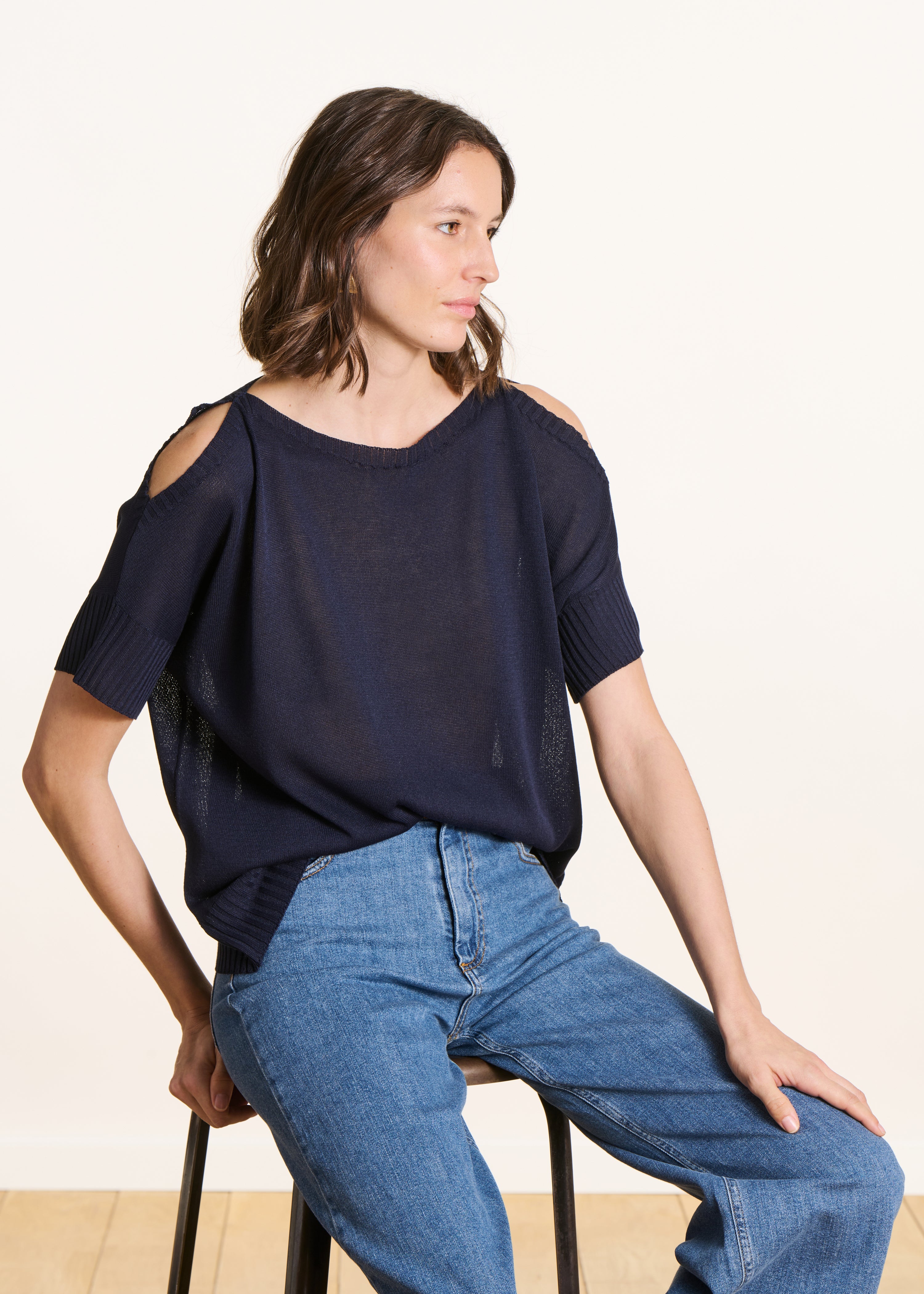 Short Sleeve Navy Blue Shimmer Knit Sweater