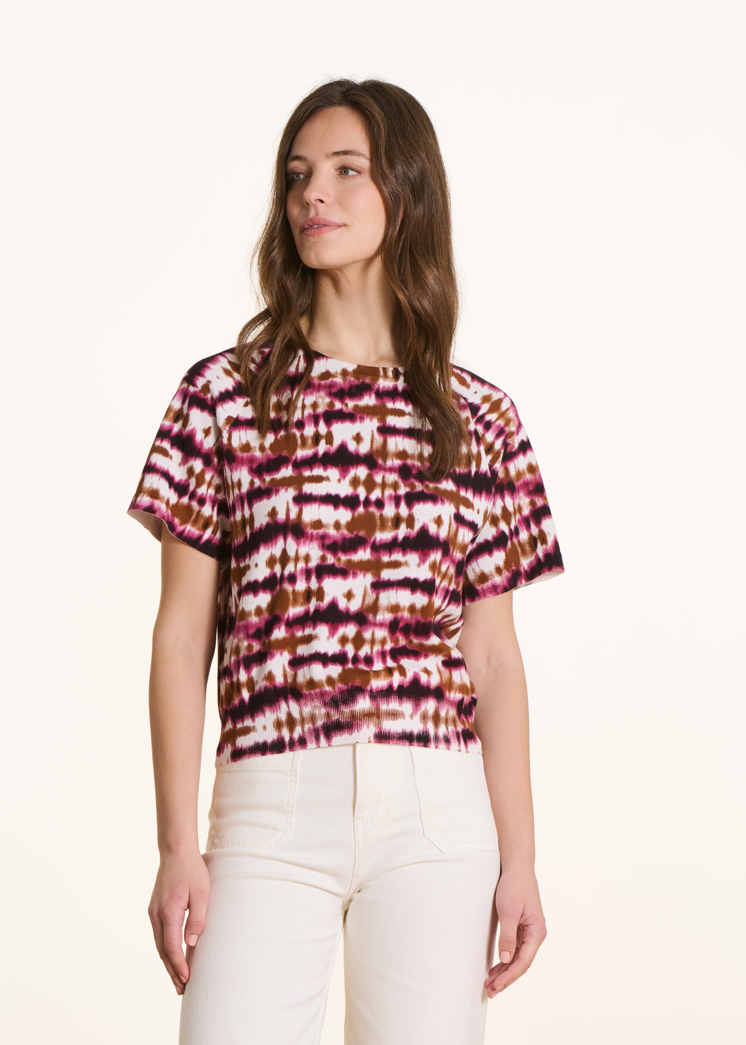 Short-sleeve burgundy printed sweater in organic cotton