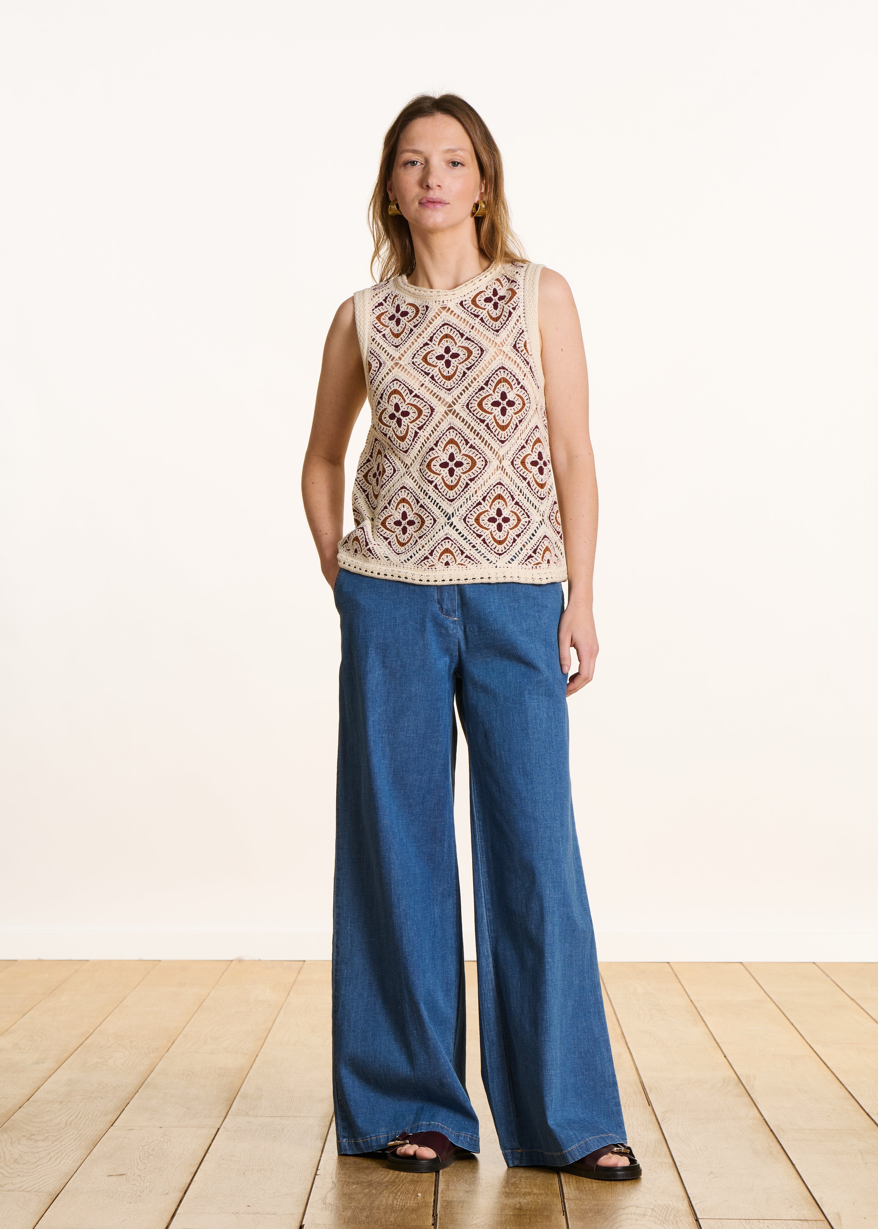 Sleeveless Ecru Crochet Knit Sweater