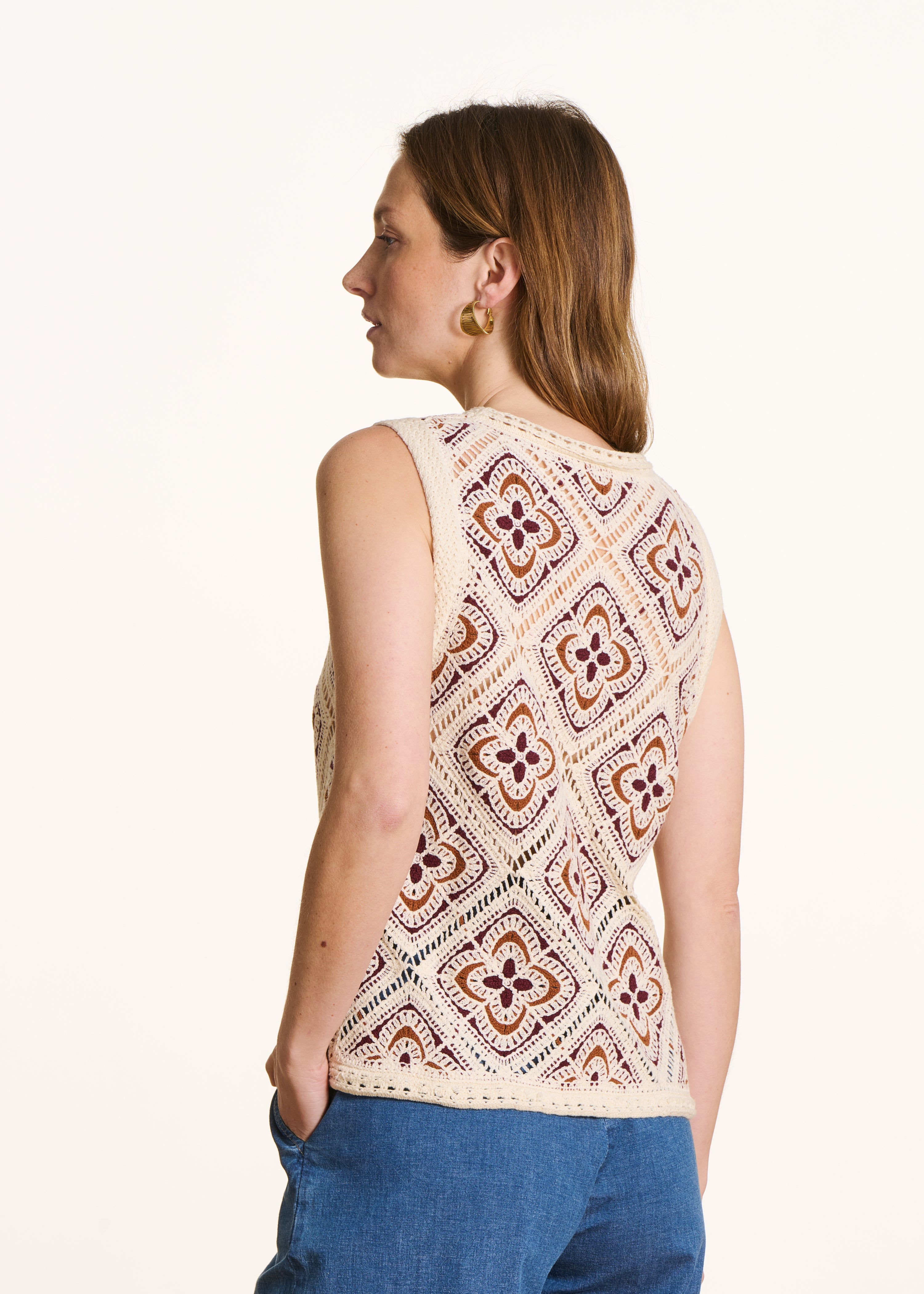 Sleeveless Ecru Crochet Knit Sweater