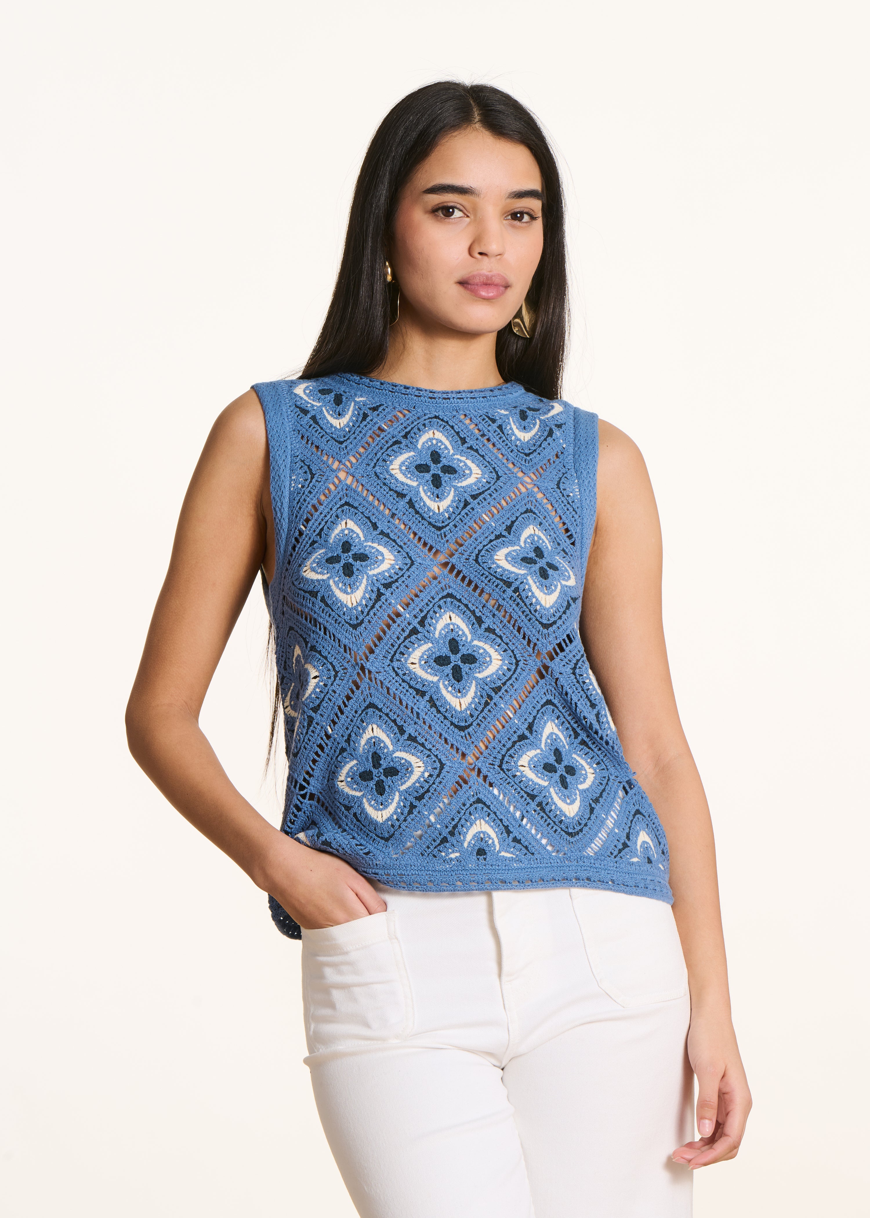 Blue sleeveless crochet knit sweater