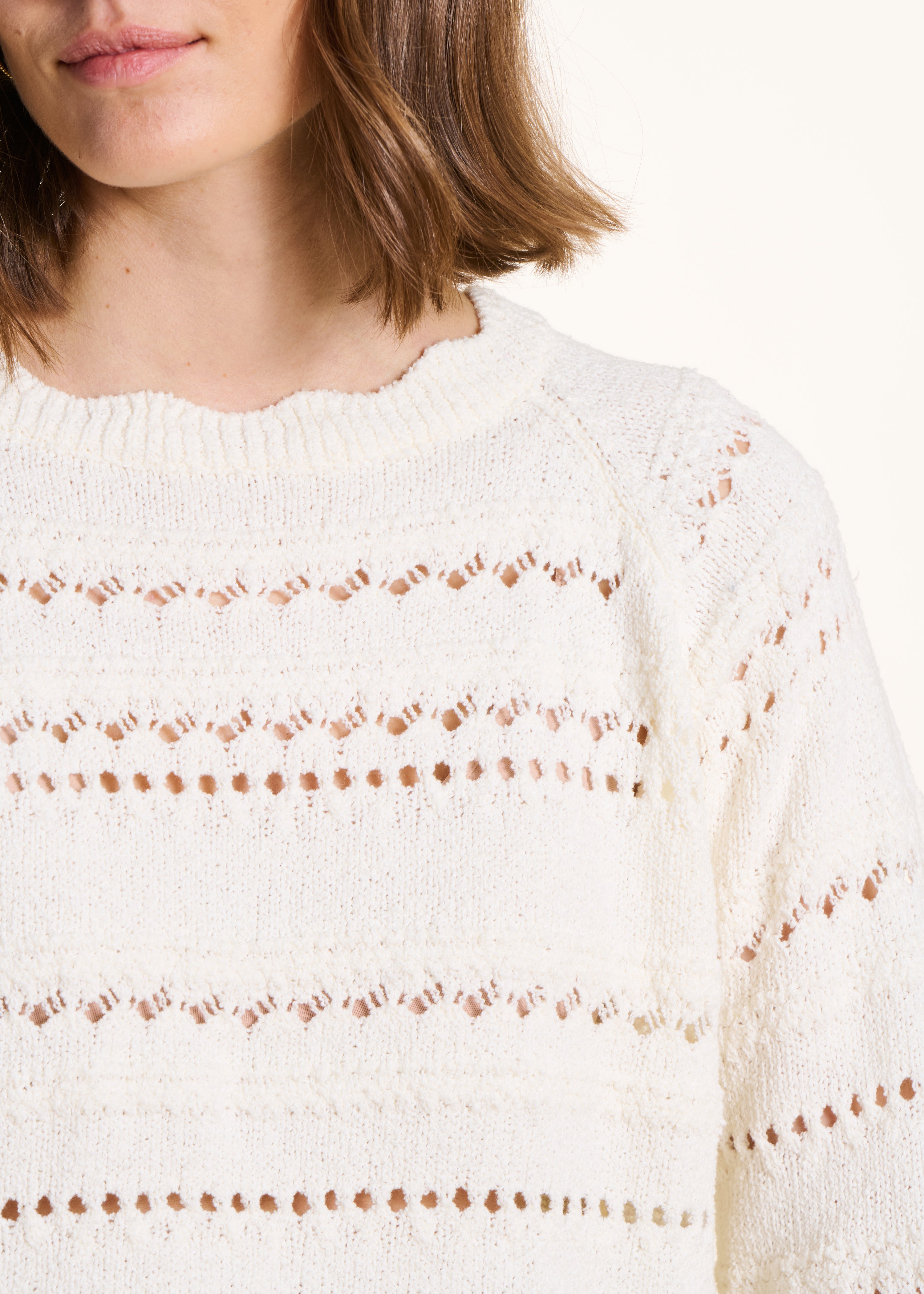 Ecru openwork knit sweater long sleeves
