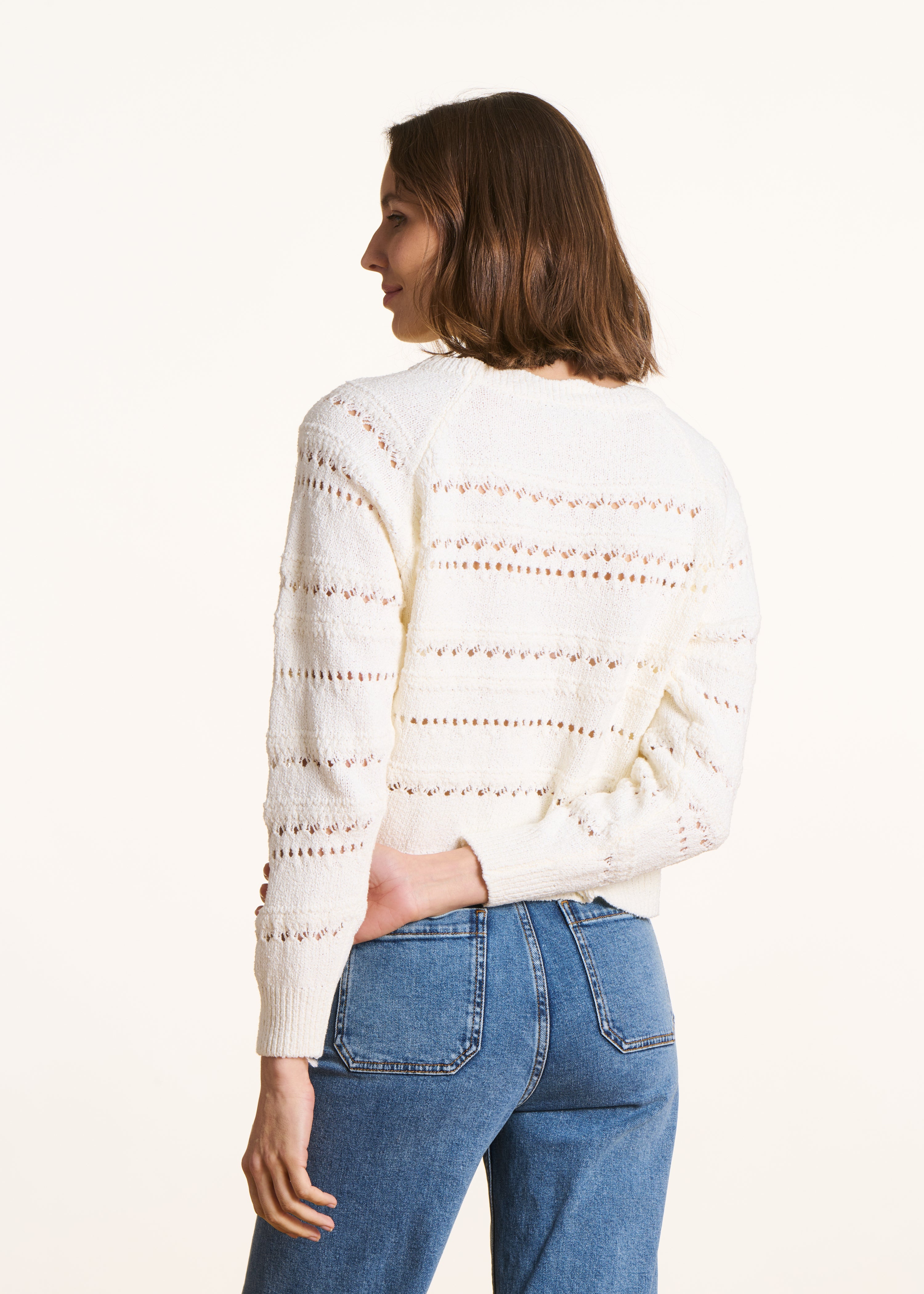 Ecru openwork knit sweater long sleeves