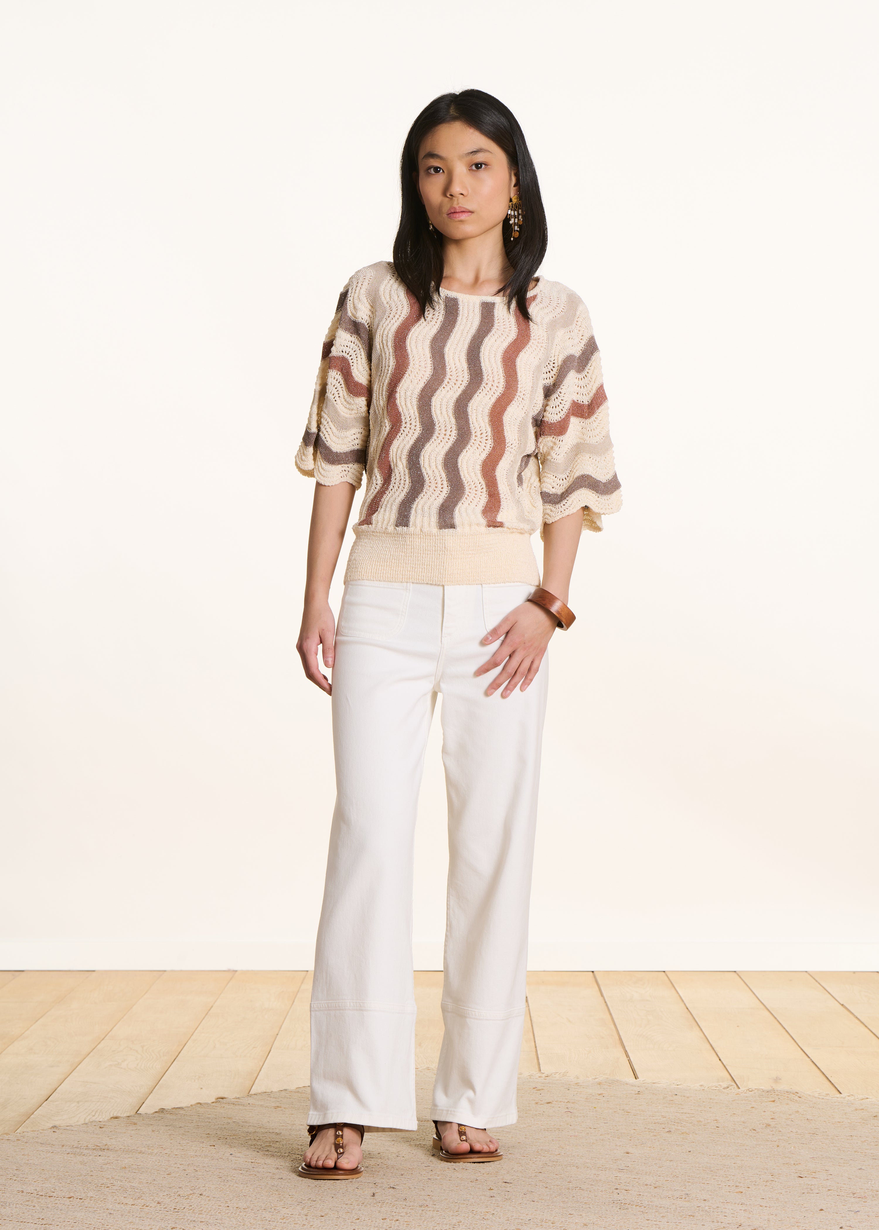 Maglione écru a righe maniche 3/4