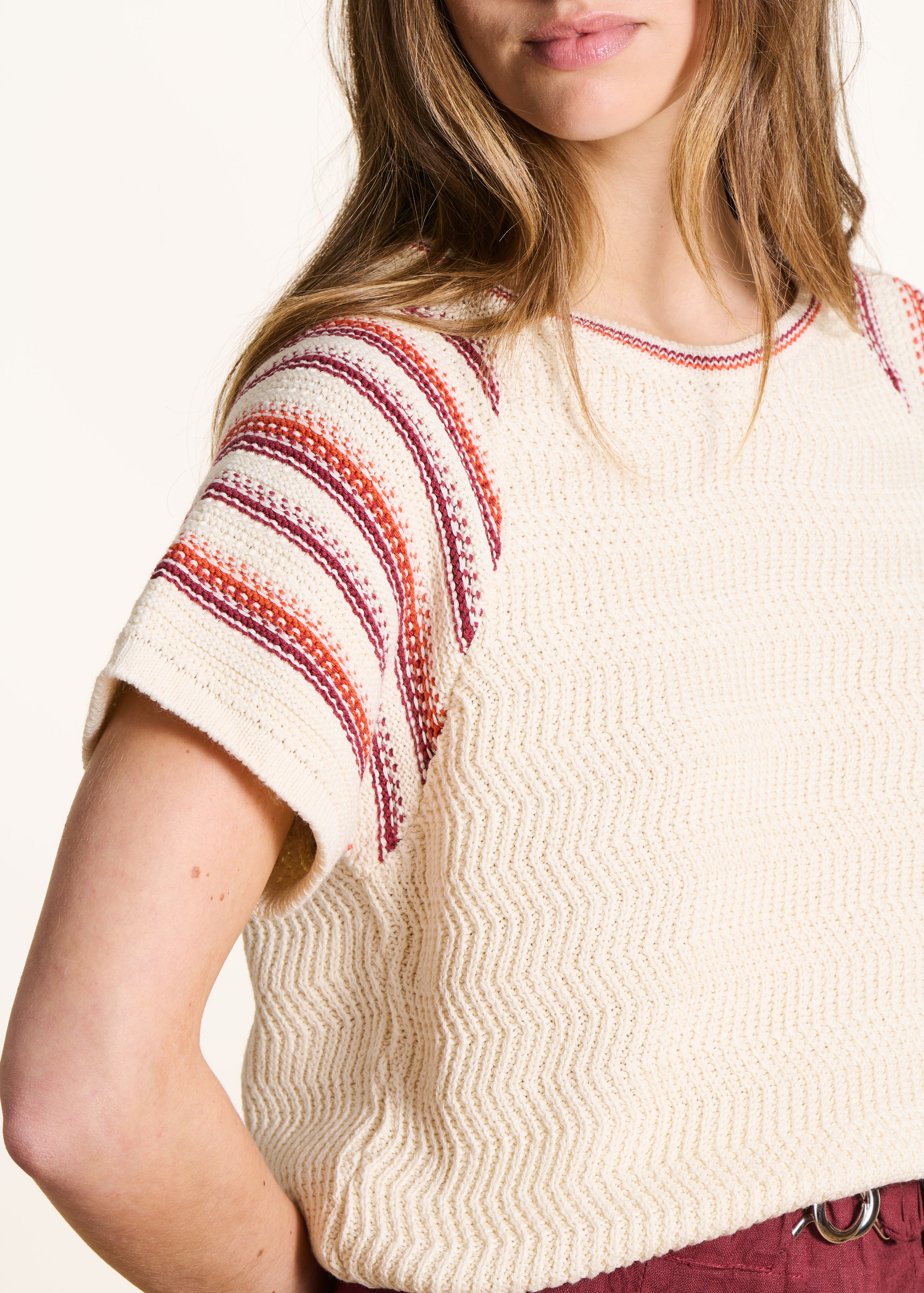 Ecru short-sleeve striped sweater
